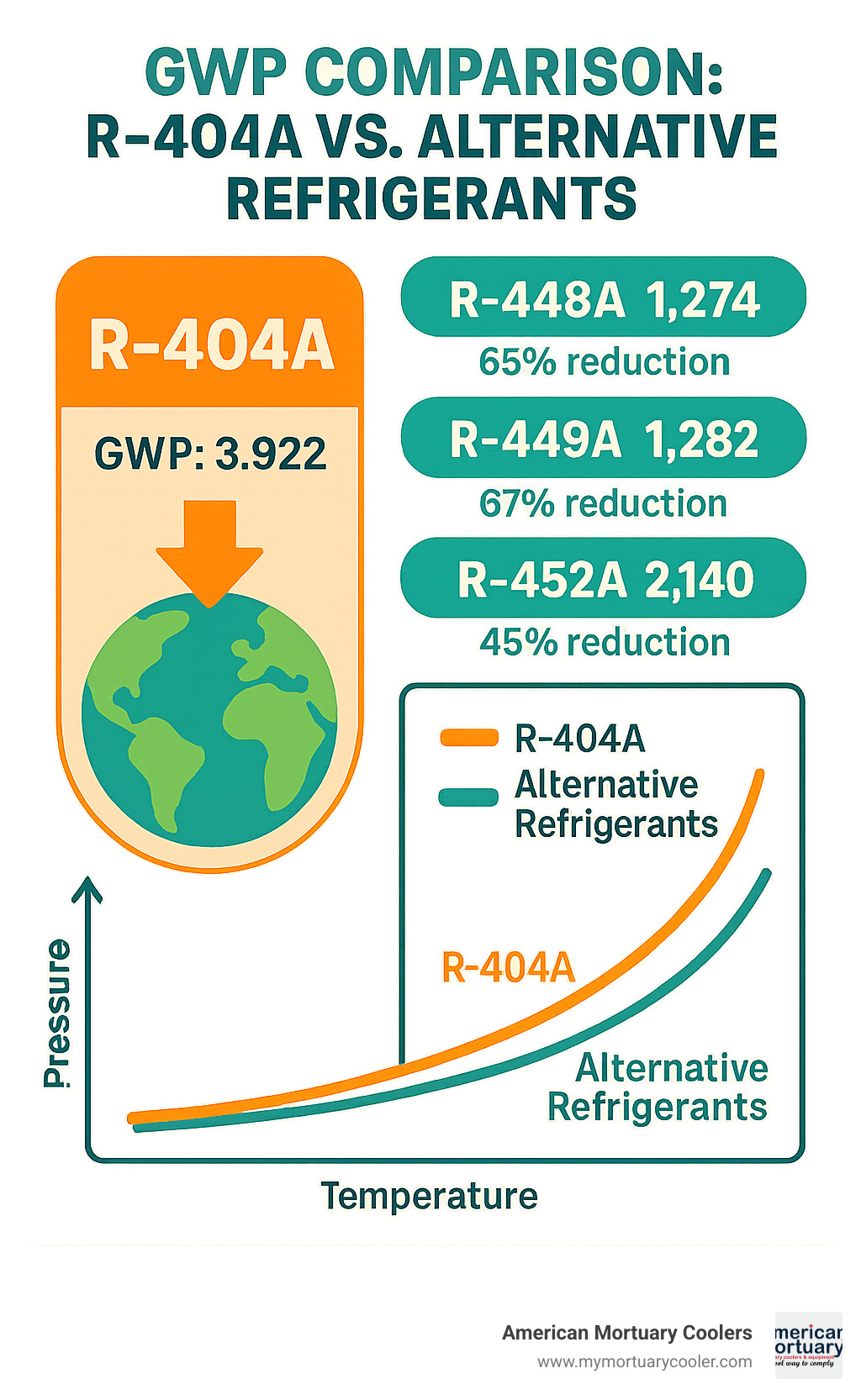 Infographic comparing GWP values of R-404A versus alternative refrigerants, showing environmental impact reduction percentages and basic pressure-temperature curve differences - pressure temp chart 404a infographic 