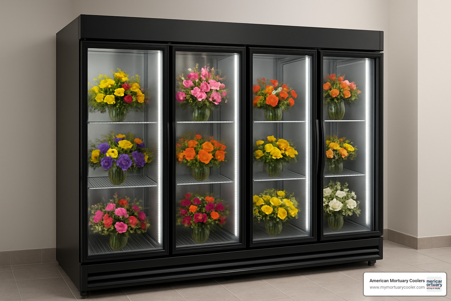 modern floral cooler with wire shelving system showing optimal organization - cooler flower