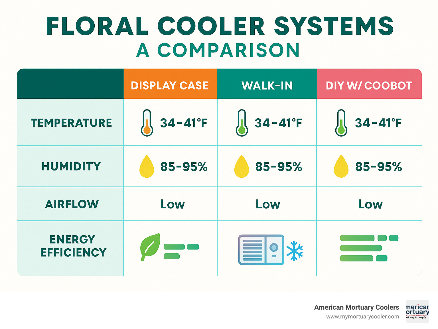 Comprehensive comparison chart showing temperature, humidity, and airflow requirements for different types of floral cooler systems including display cases, walk-in units, and DIY CoolBot setups with energy efficiency ratings - cooler flower infographic 
