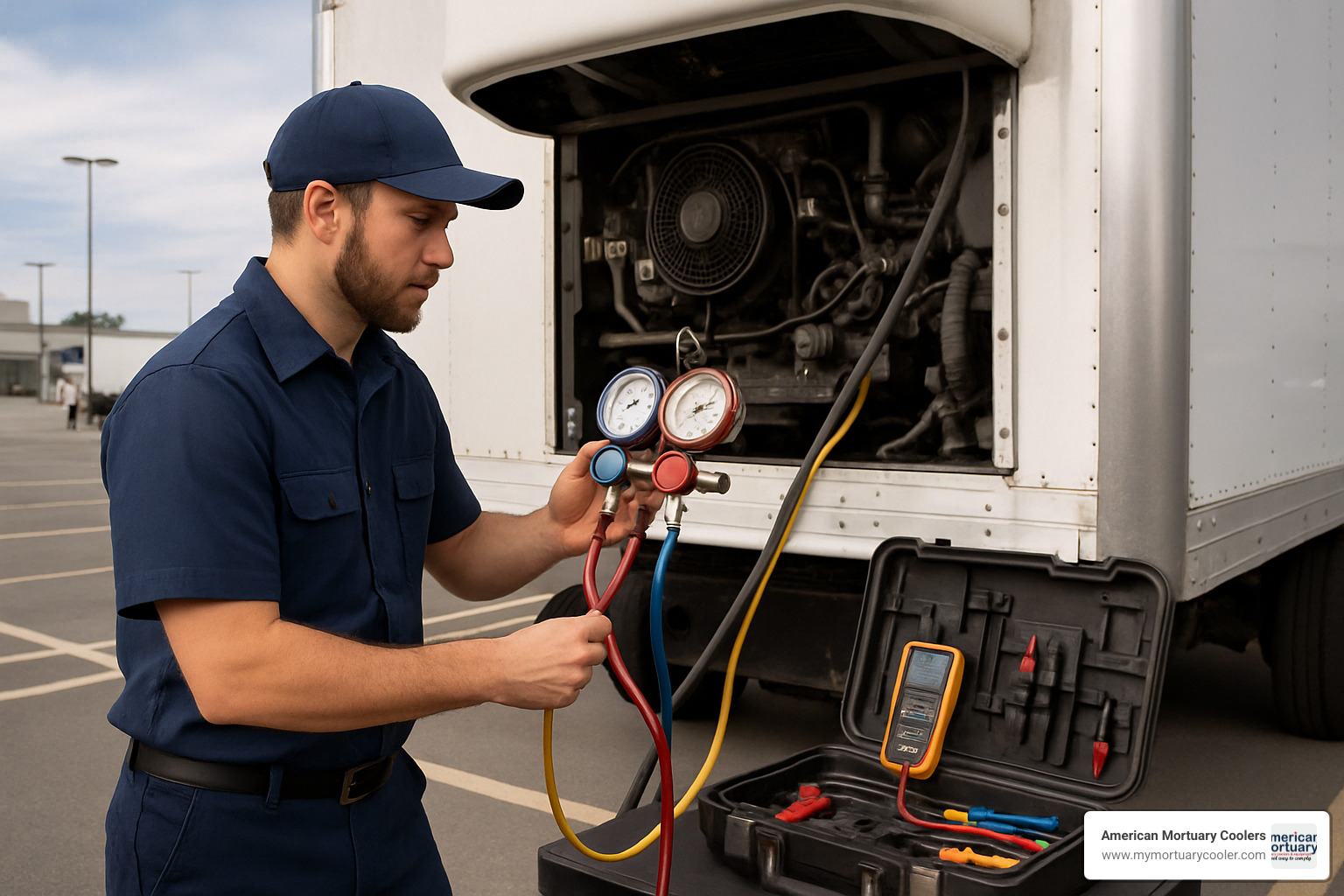 technician servicing refrigeration unit - refrigerated truck