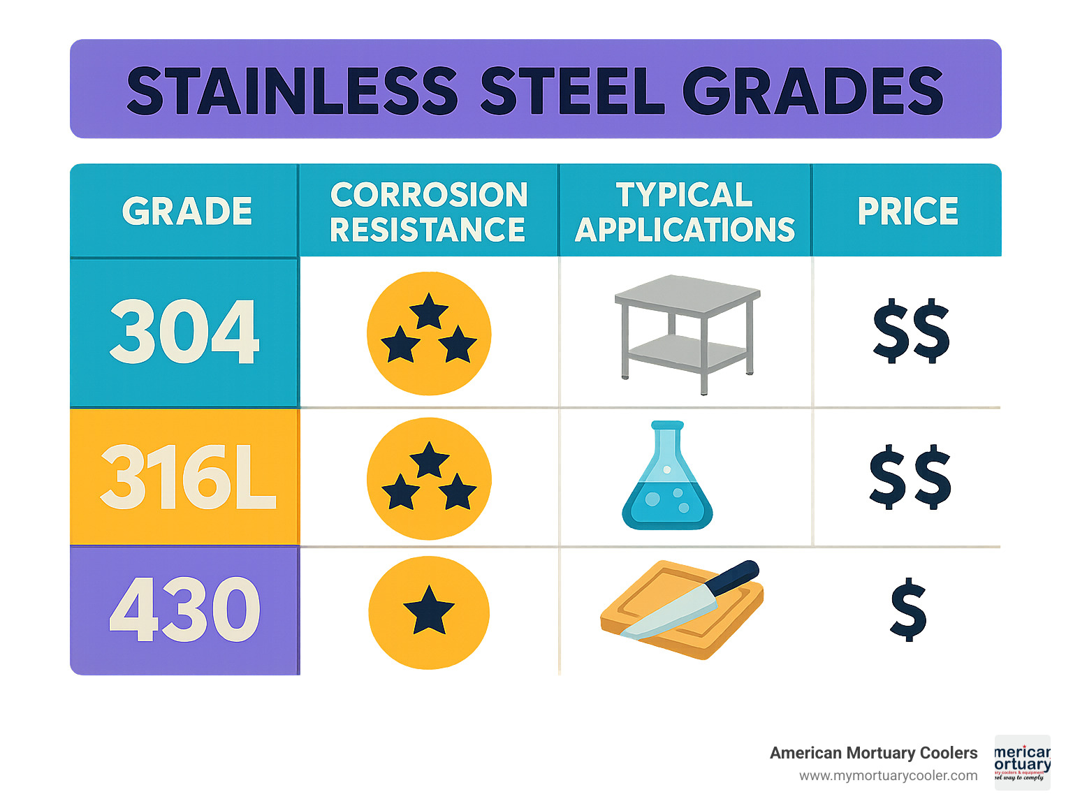 Comparison table showing 304 vs 316L vs 430 stainless steel grades with corrosion resistance ratings, typical applications, and price ranges - stainless-steel-table- infographic 