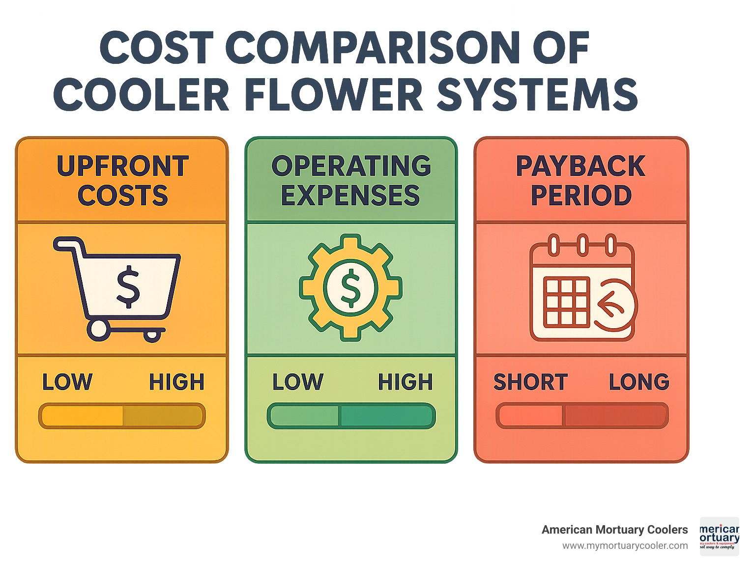cost comparison infographic showing upfront costs, operating expenses, and payback periods for different cooler flower system types - cooler flower infographic 