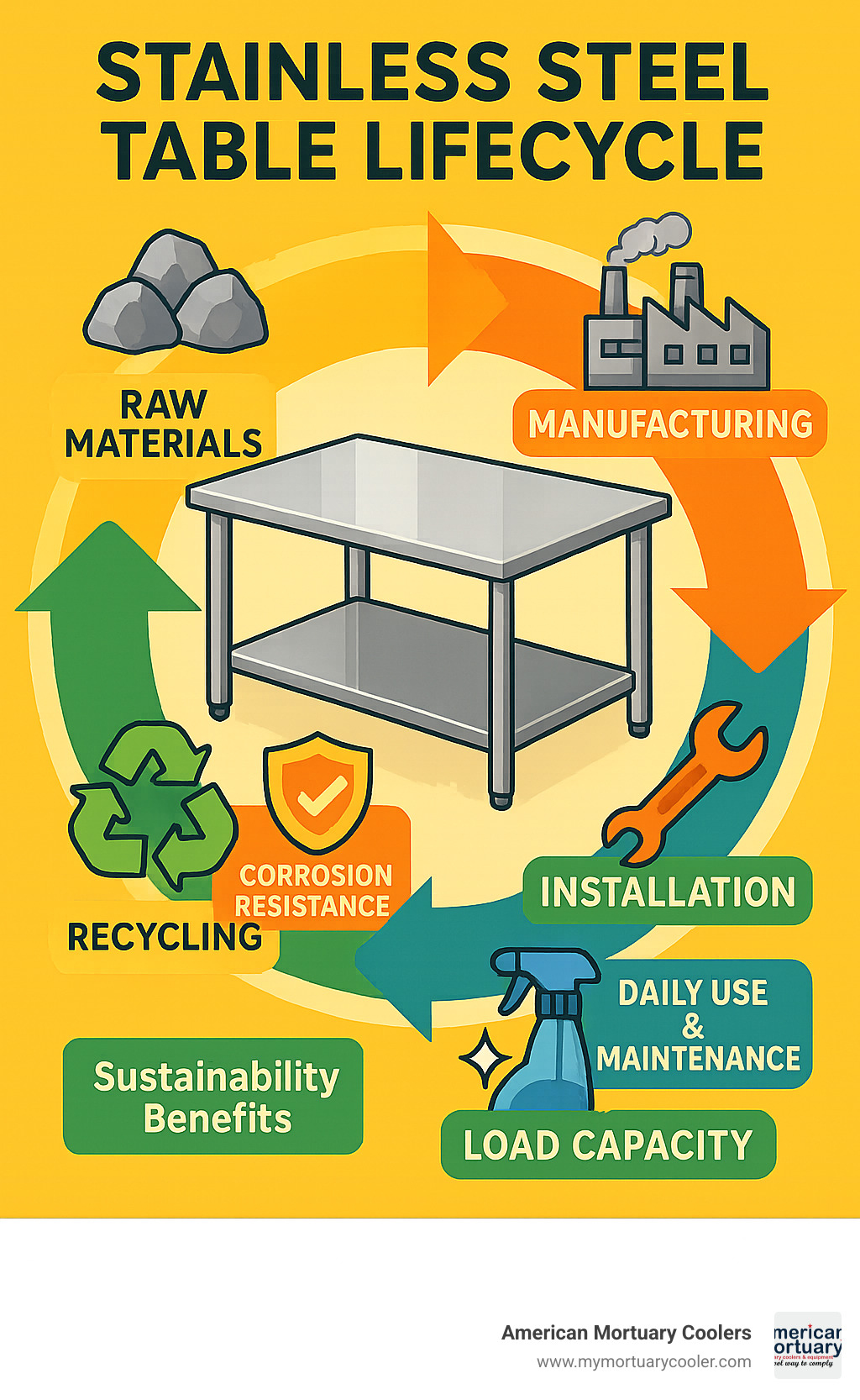 Infographic showing stainless steel table lifecycle from raw materials through manufacturing, installation, daily use, maintenance, and eventual recycling, highlighting corrosion resistance, load capacity ratings, cleaning requirements, and sustainability benefits - stainless-steel-table- infographic 