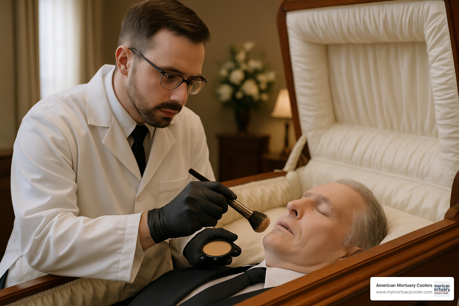 embalmer applying makeup - funeral open coffin