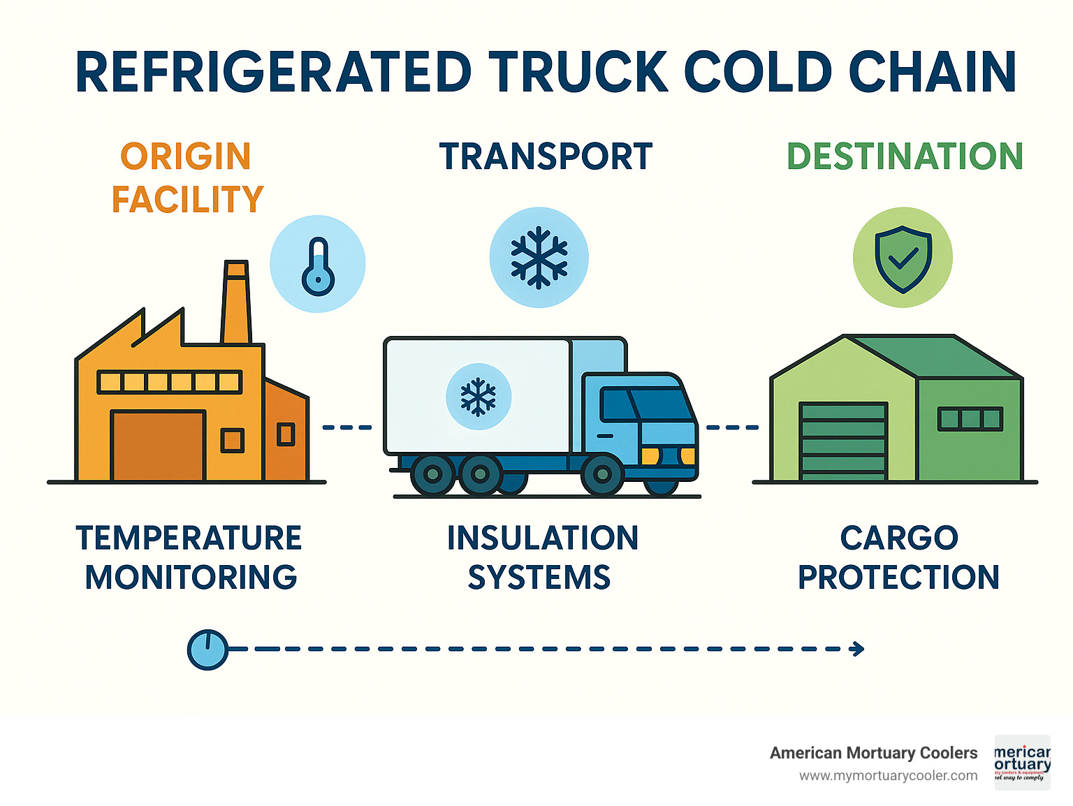 Infographic showing refrigerated truck cold chain flow from origin facility through transport to destination, highlighting temperature monitoring, insulation systems, and cargo protection throughout the supply chain - refrigerated truck infographic 