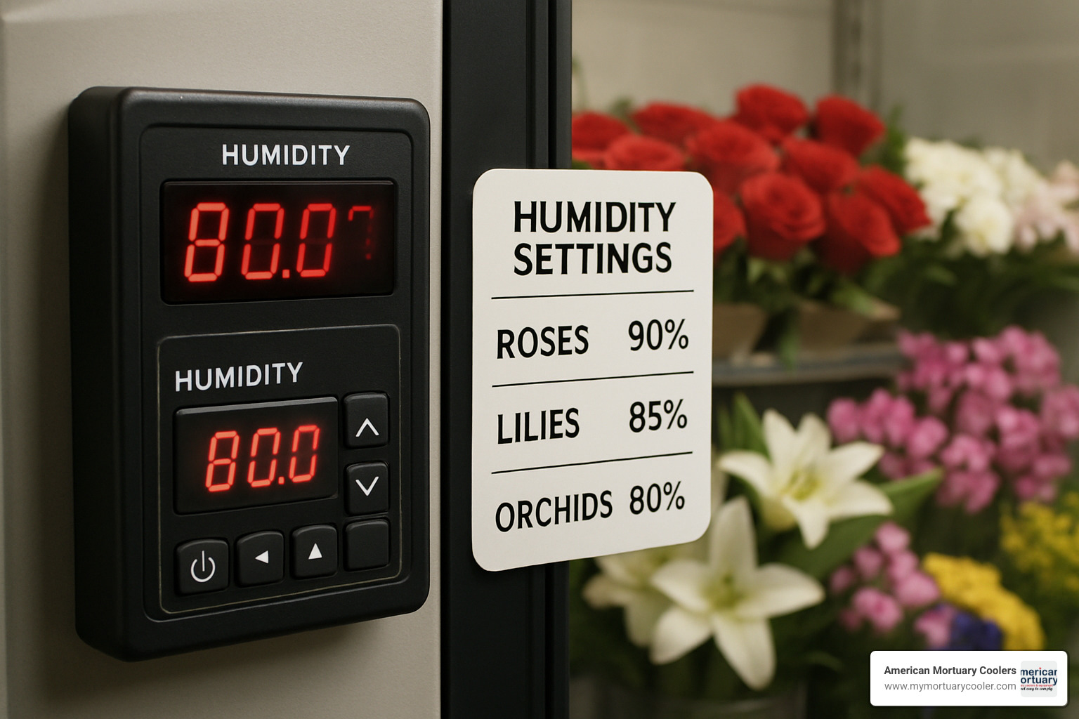 humidity controller display showing optimal settings for different flower types - floral fridge