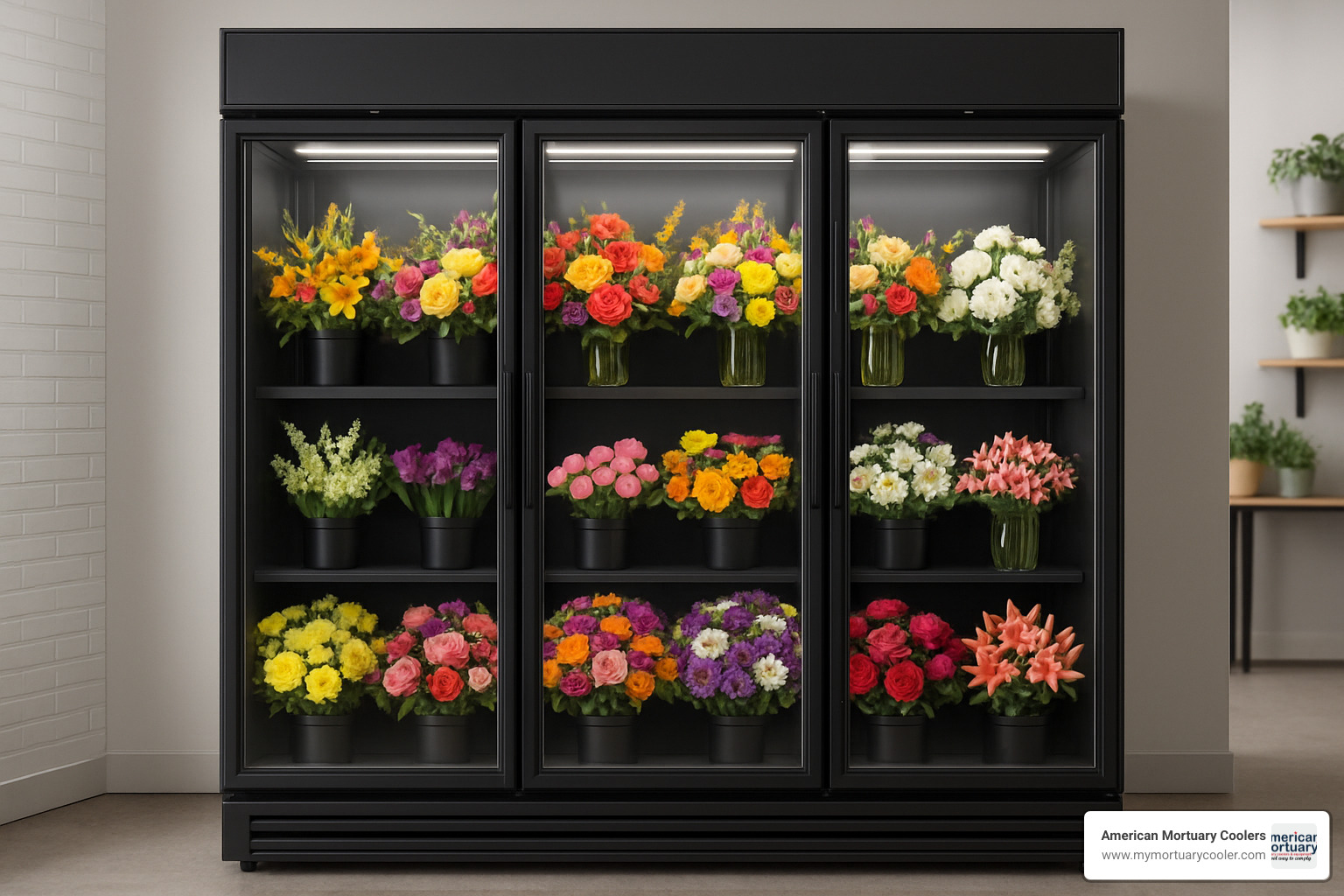 three-door display cooler showing maximum storage capacity with various floral arrangements - floral fridge