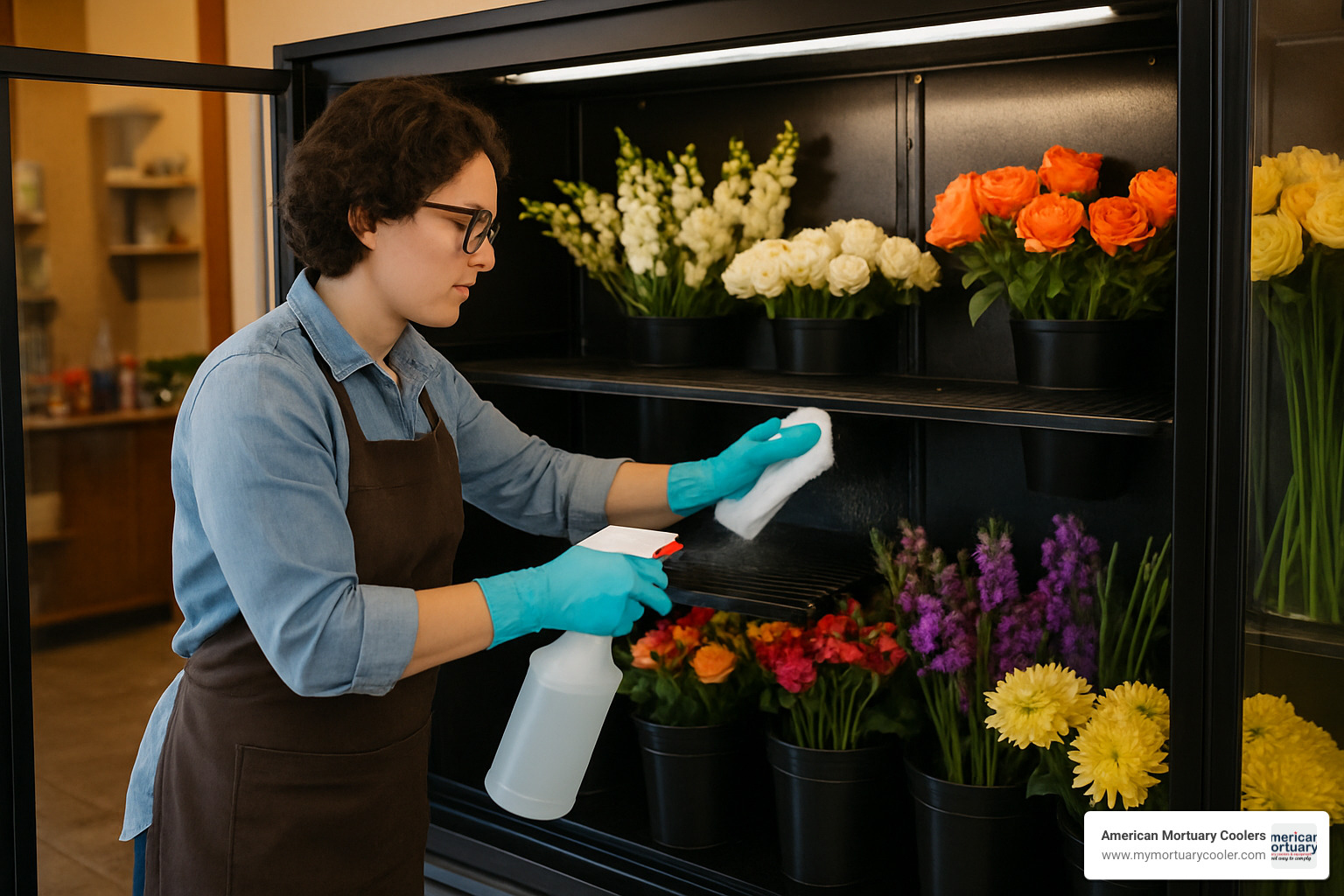florist cleaning cooler interior with proper sanitizing solution - floral fridge