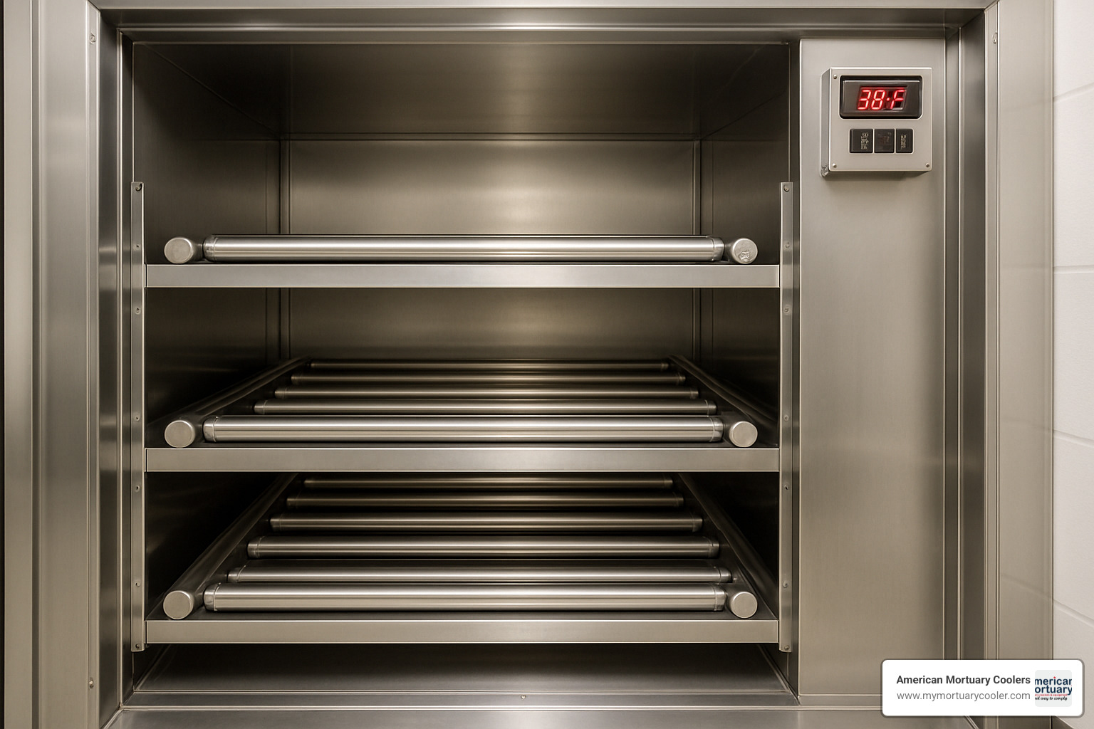 Interior view of three body mortuary cooler showing roller racks and temperature control system - Three body mortuary cooler