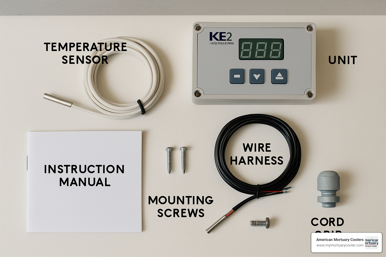 KE2 controller kit contents laid out showing controller unit, sensors, wire harness, and accessories - ke2 controller manual