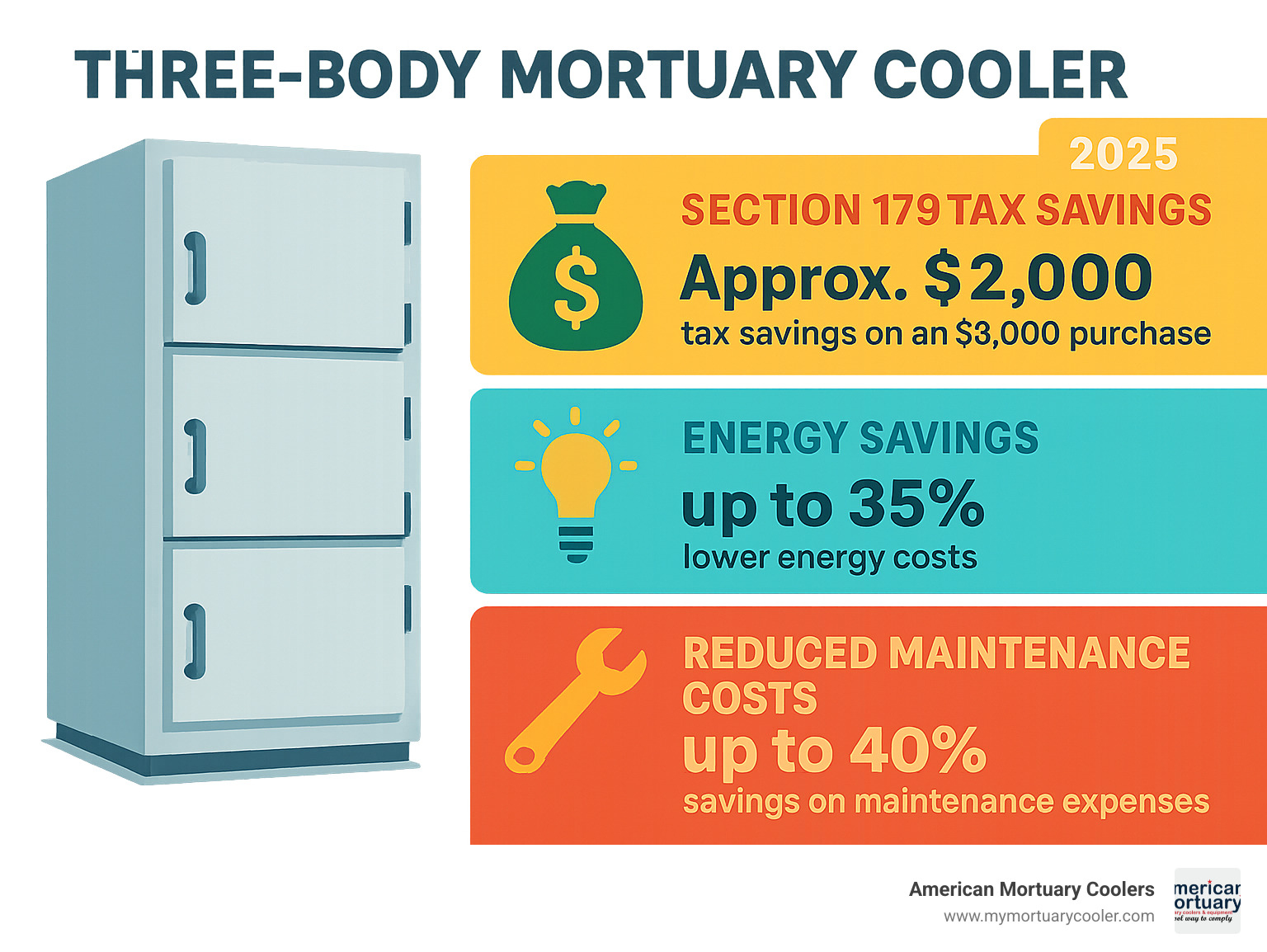Statistics showing Section 179 tax benefits, energy savings, and maintenance cost reductions for three body mortuary coolers - Three body mortuary cooler infographic 