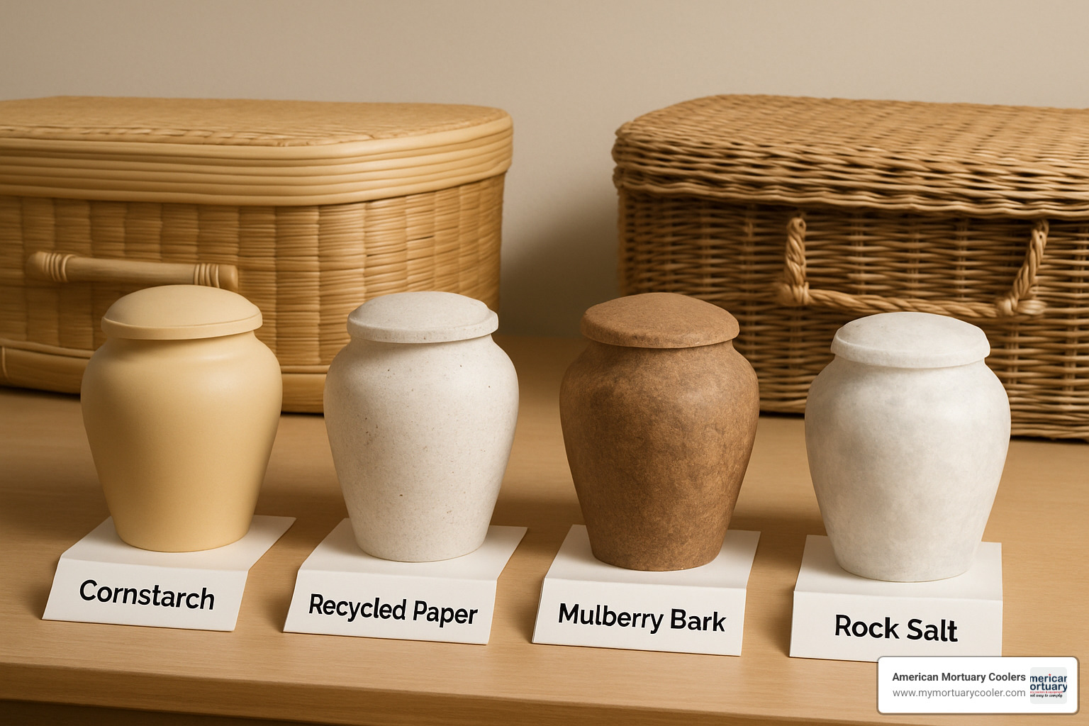 Eco-friendly urn lineup showing biodegradable urns made from cornstarch, recycled paper, mulberry bark, and rock salt alongside bamboo and willow caskets - funeral-supply