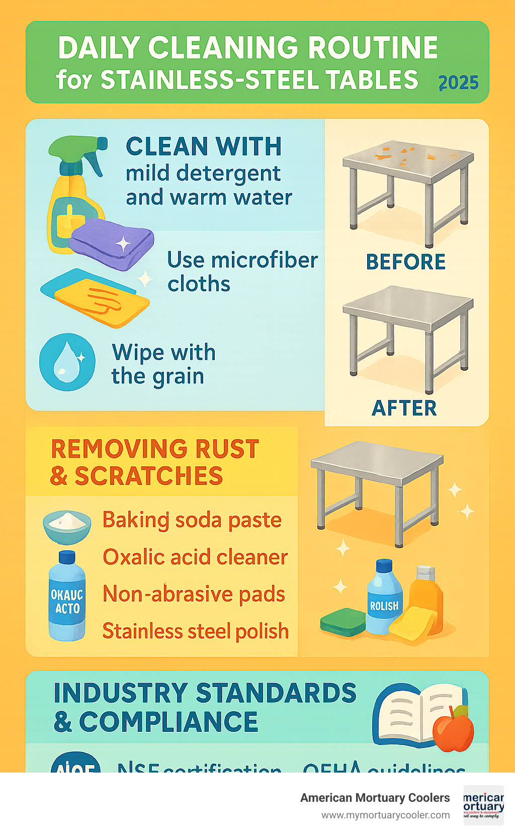 Infographic showing daily cleaning steps, rust removal techniques, and maintenance schedule for stainless steel tables with before/after images - stainless-steel-table- infographic 