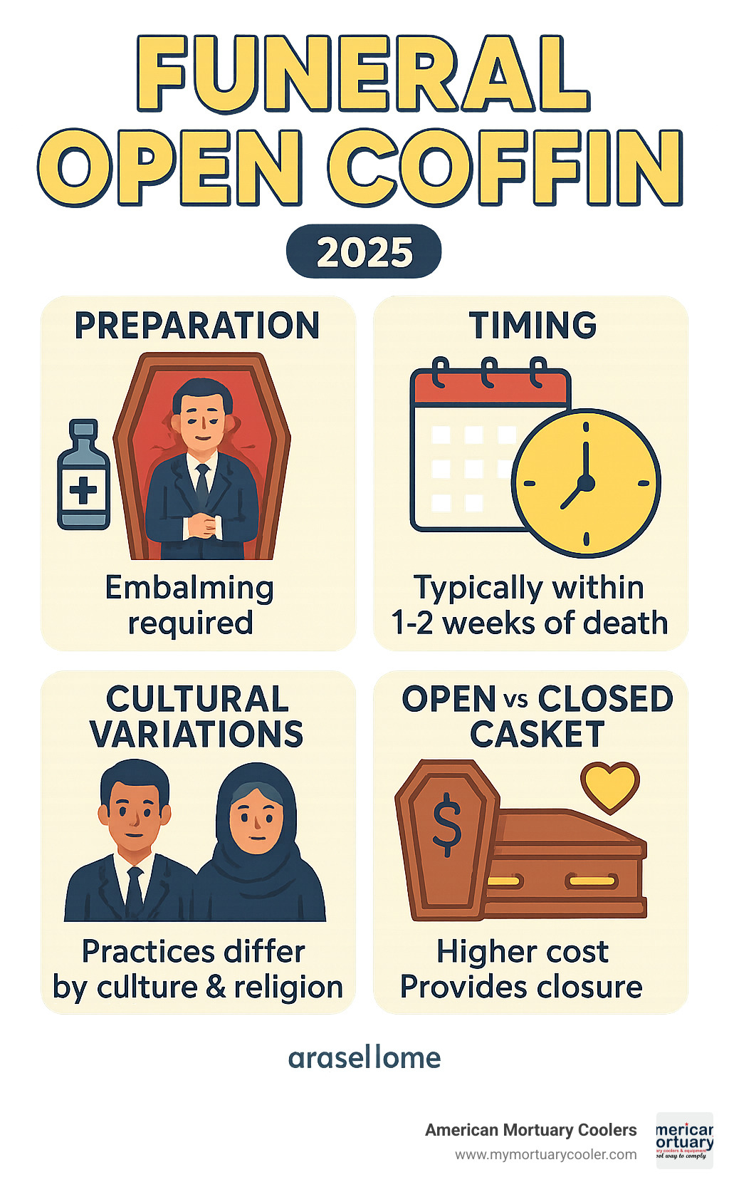 Infographic showing the complete timeline and preparation process for open coffin funerals, including embalming requirements, timing considerations, cultural variations, and the key differences between open versus closed casket services with associated costs and emotional benefits - funeral open coffin infographic 