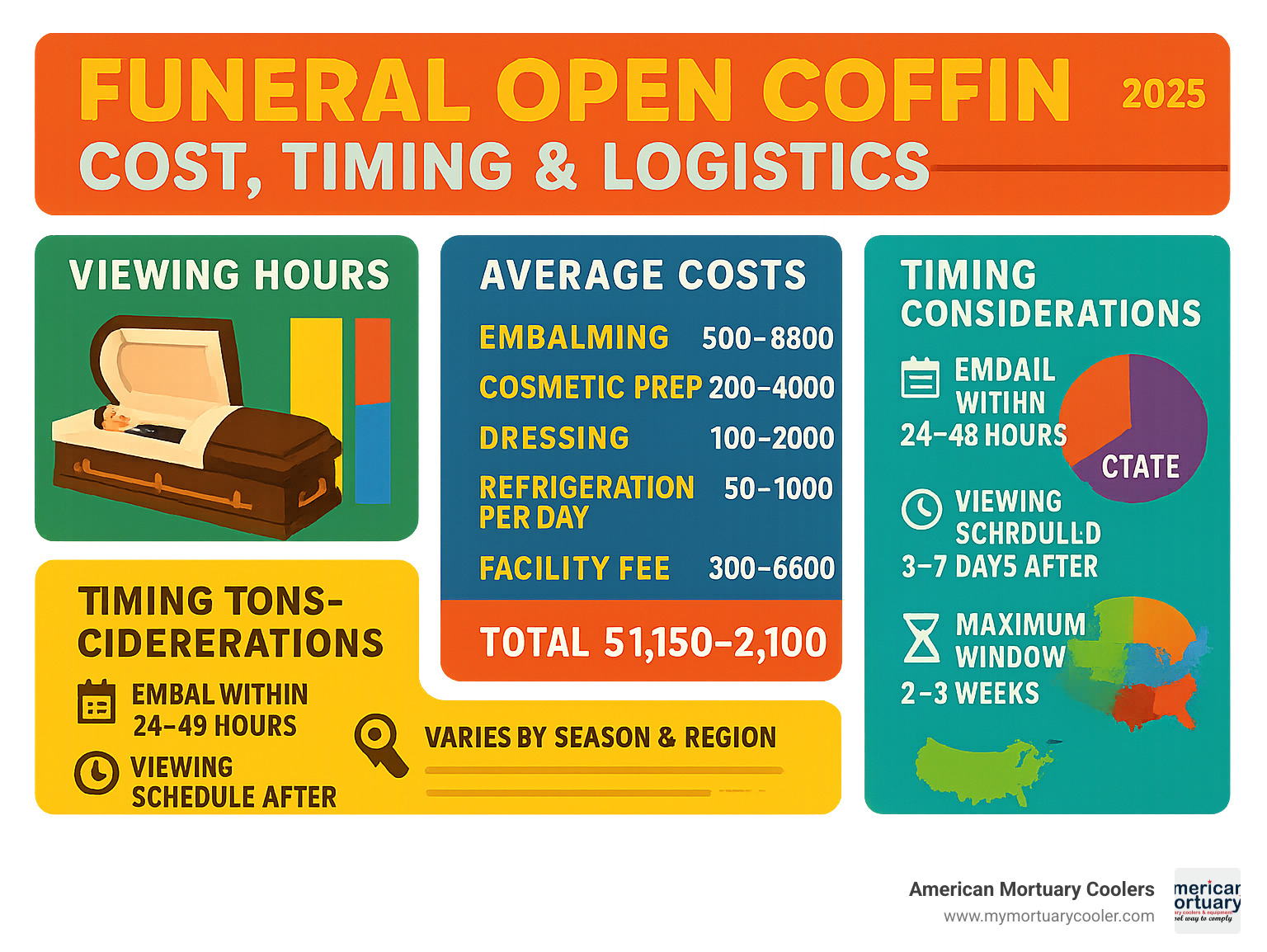 Statistical breakdown of open coffin funeral costs, timing requirements, and regional preferences across different states and cultural groups - funeral open coffin infographic 
