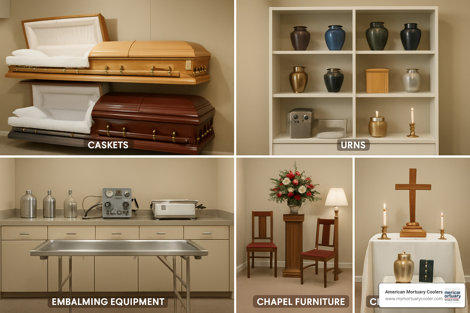 Product collage showing various funeral supplies including caskets, urns, embalming equipment, chapel furniture, and ceremonial items arranged by category - funeral-supply