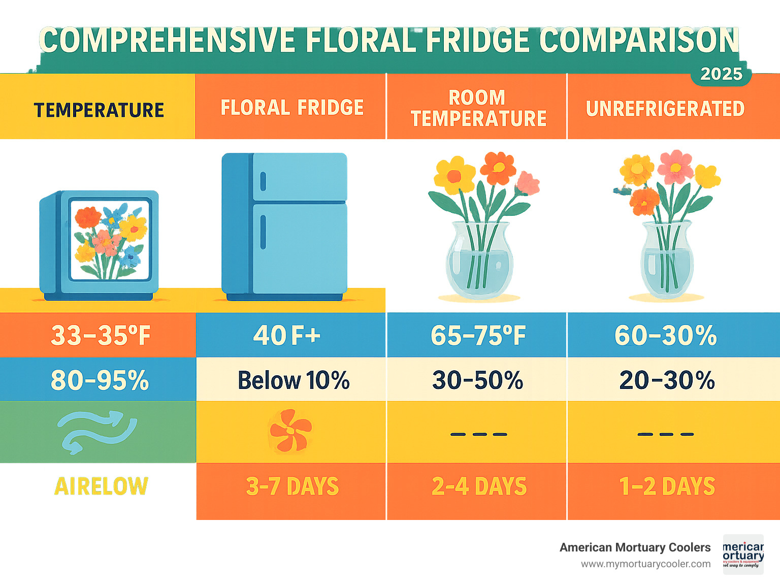 Comprehensive floral fridge comparison showing temperature ranges, humidity levels, airflow patterns, and flower preservation timeline across different storage methods - floral fridge infographic 