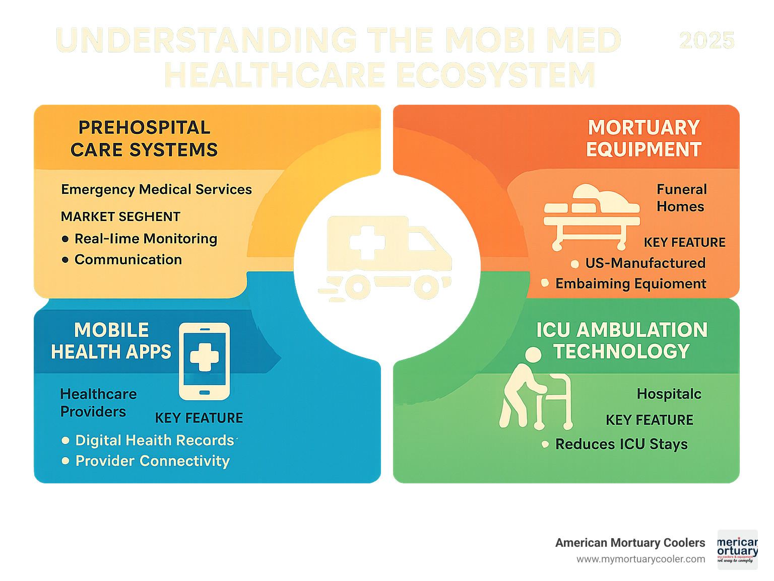 Comprehensive breakdown of Mobi Med ecosystem showing prehospital care systems, mortuary equipment, mobile health apps, and ICU ambulation technology with their respective market segments and key features - mobi med infographic 