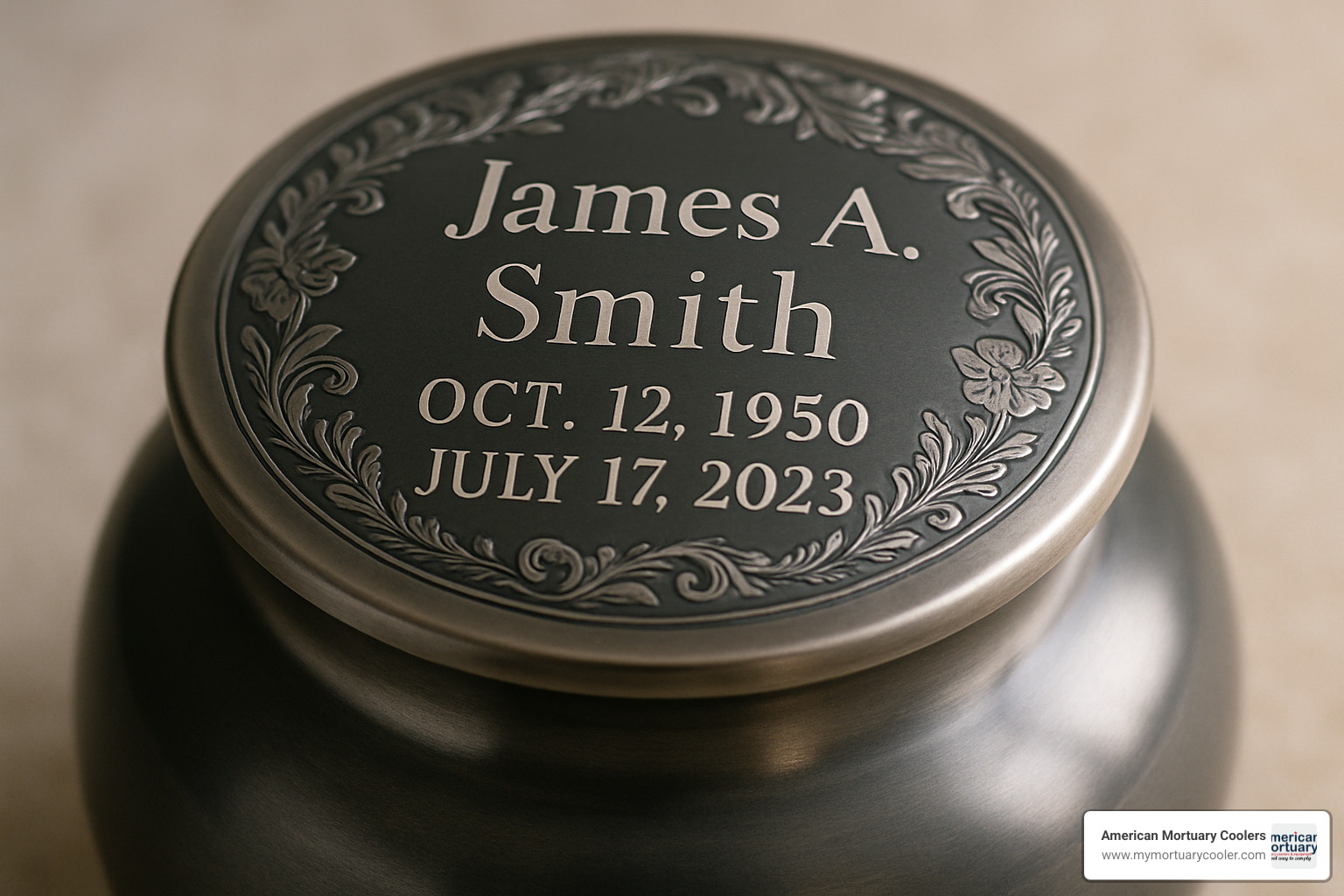 close-up detail of an engraved cremation urn lid showing personalized text and decorative elements - urns for cremation