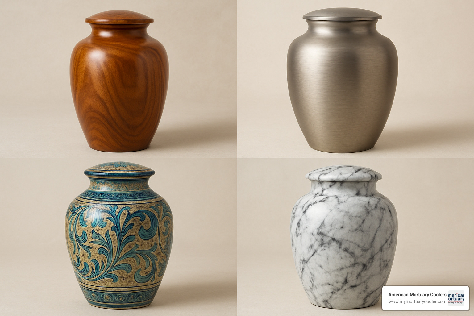 collage showing different cremation urn materials including polished wood grain, brushed metal finish, ceramic glaze, and natural stone texture - urns for cremation