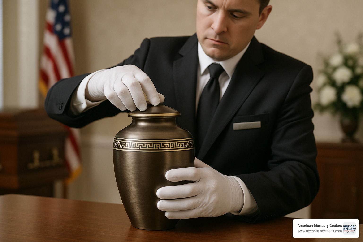 funeral director carefully sealing a cremation urn with threaded lid while wearing gloves in a professional setting - urns for cremation