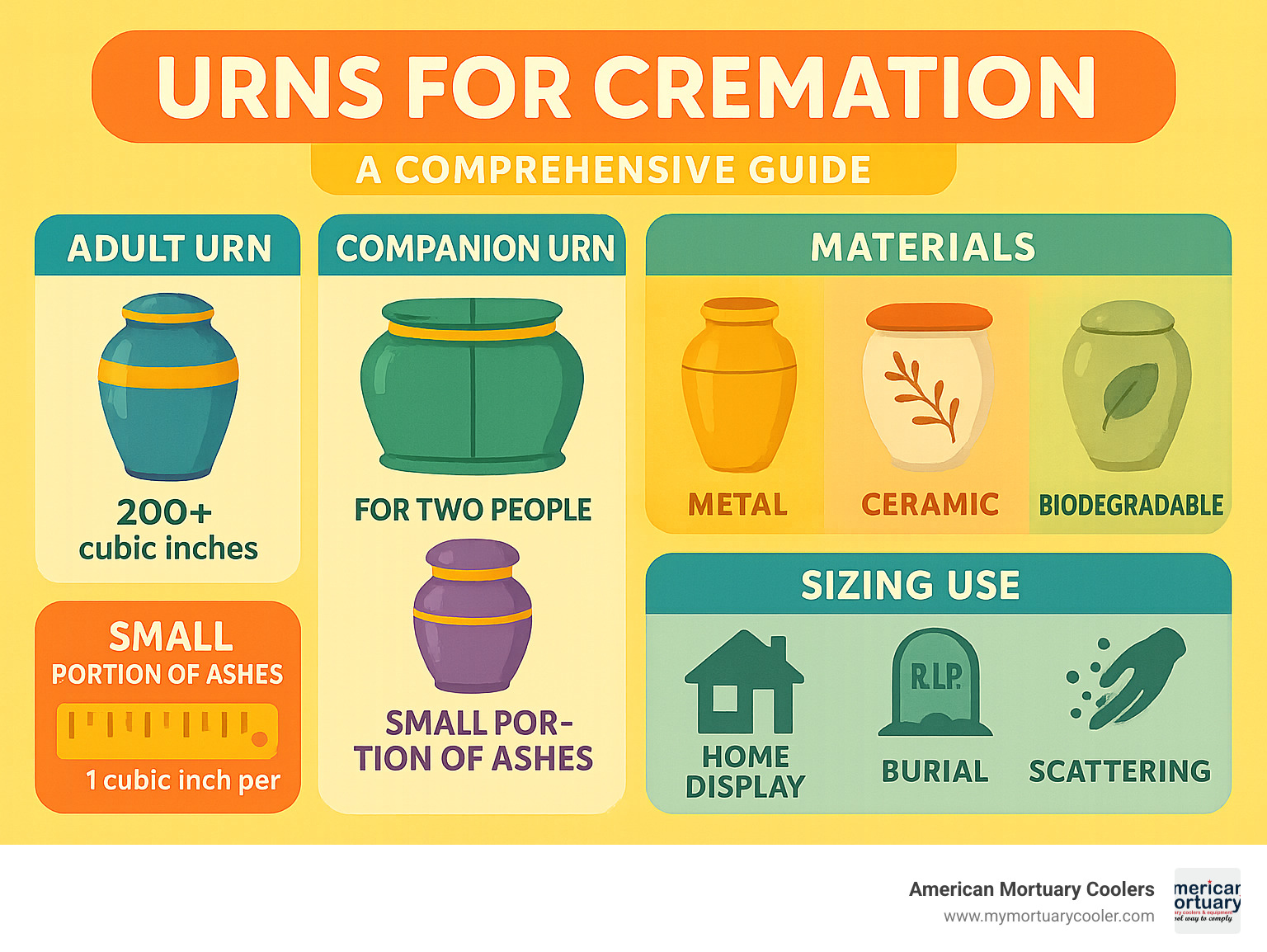 Comprehensive guide showing different types of cremation urns including adult urns, companion urns, keepsake urns, and various materials like metal, ceramic, wood, and biodegradable options, with sizing guidelines and intended uses for home display, burial, and scattering - urns for cremation infographic 
