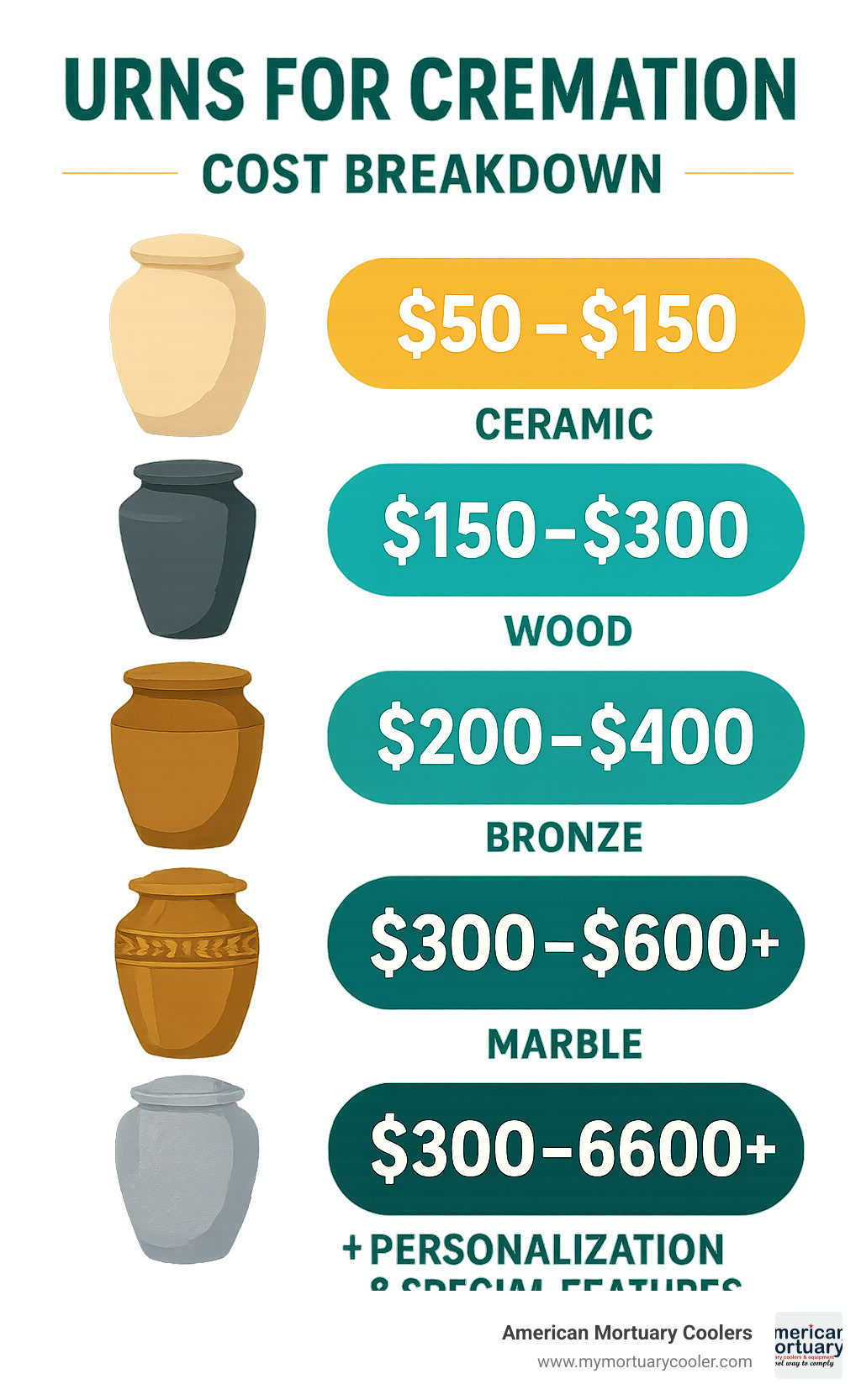 Cost breakdown chart showing price ranges for different urn materials and features, from basic ceramic urns at $50-150 to premium bronze and marble urns at $300-600+, with additional costs for personalization and special features - urns for cremation infographic 