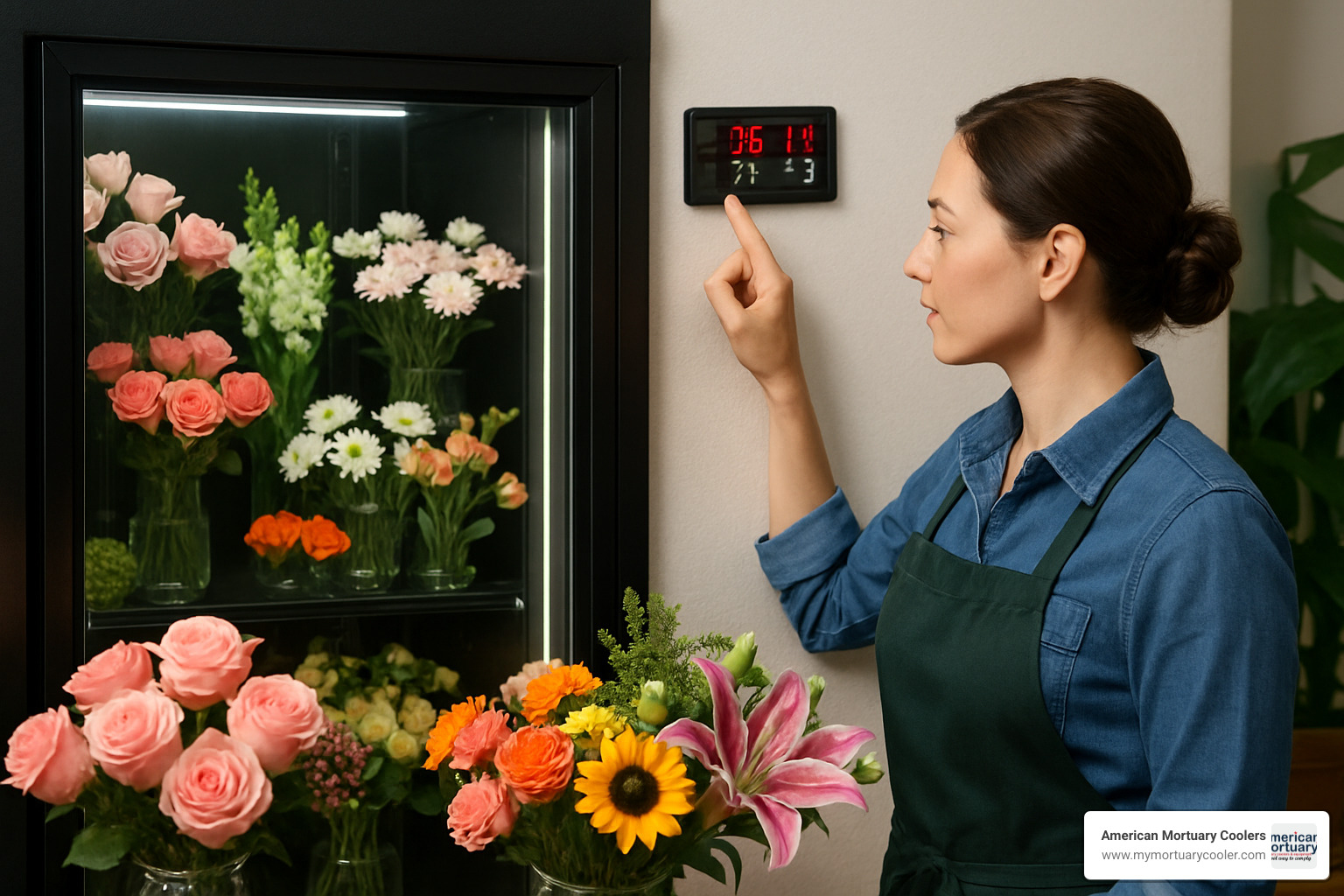 florist checking temperature and humidity settings on a digital floral cooler controller - flower cooler for sale