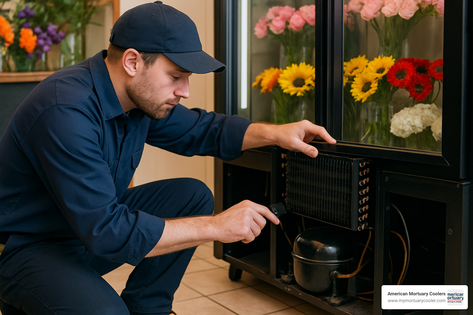 technician performing maintenance on flower cooler compressor and coils - flower cooler for sale