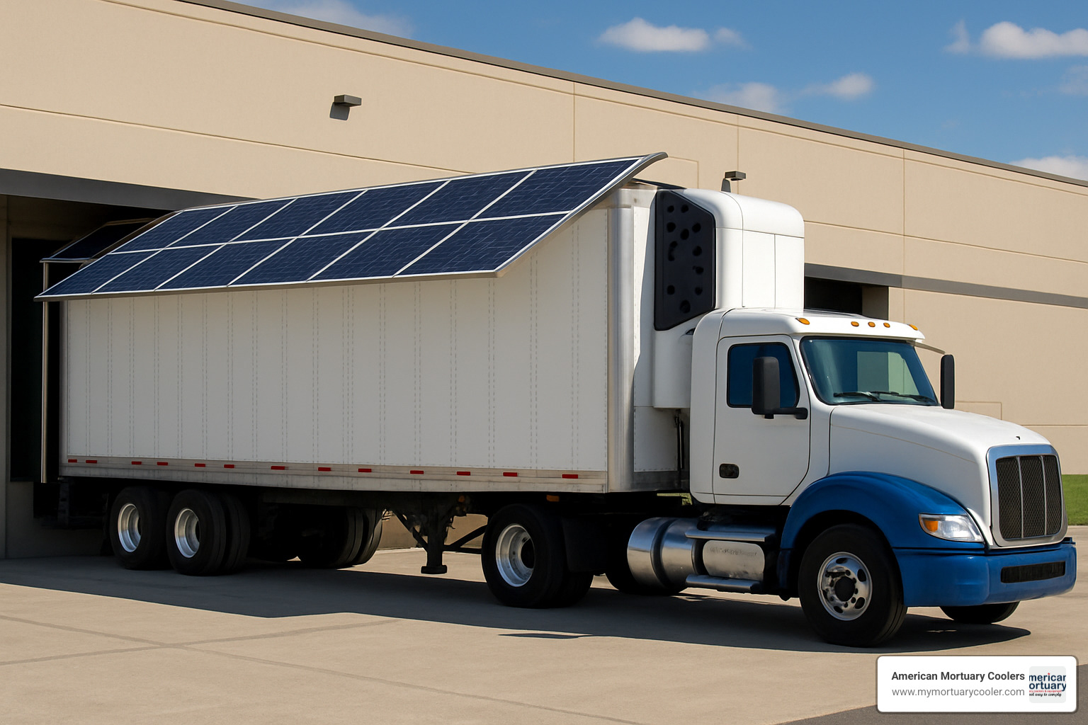 Solar panels mounted on top of refrigerated trailer showing sustainable energy integration for reduced fuel consumption - REEFER-truck-