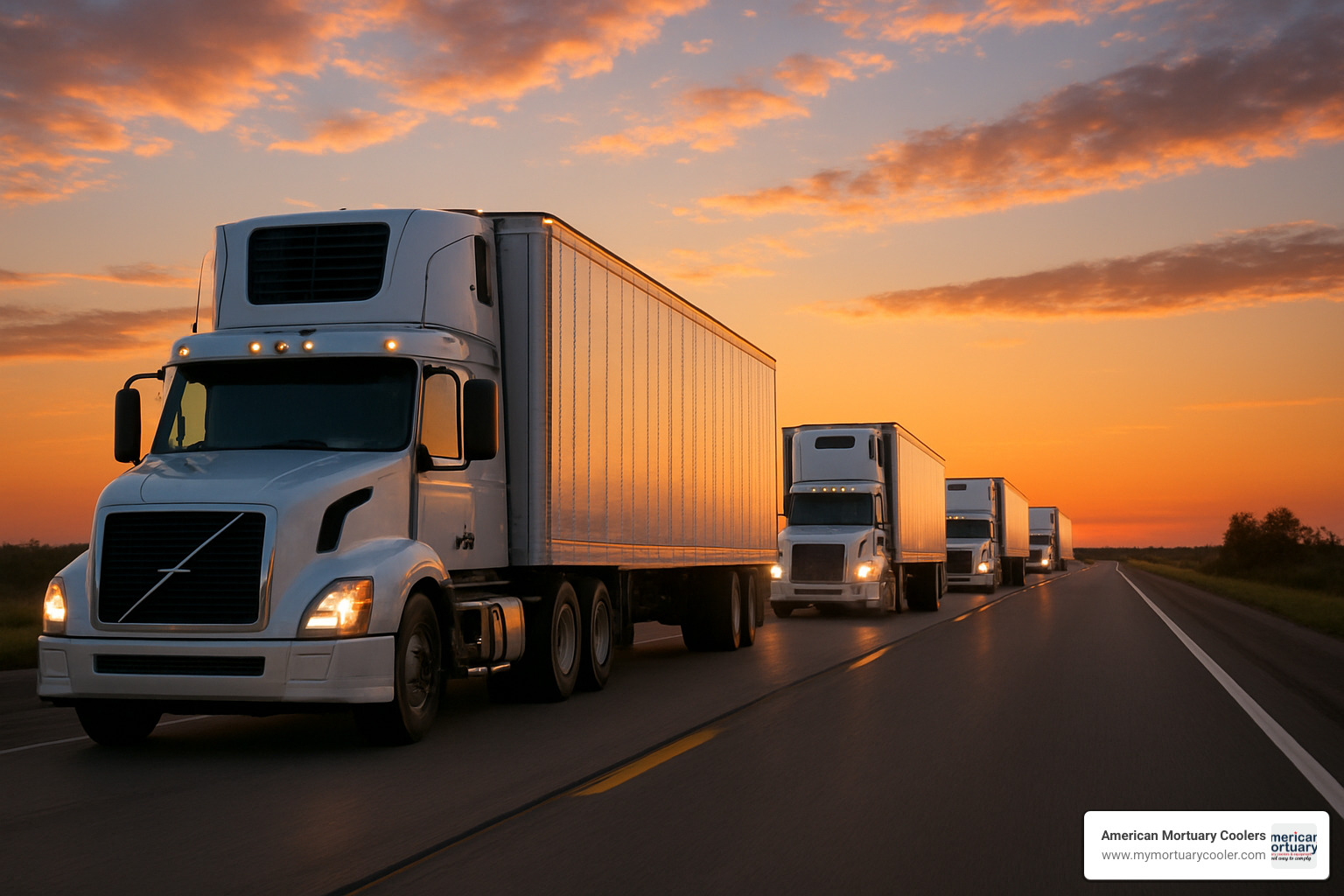 Refrigerated trucks on highway at sunset representing the continuous cold chain transport network - REEFER-truck-