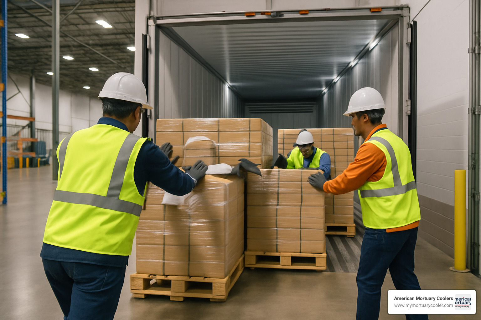 Workers loading pallets into refrigerated trailer showing proper spacing for airflow and temperature control - REEFER-truck-