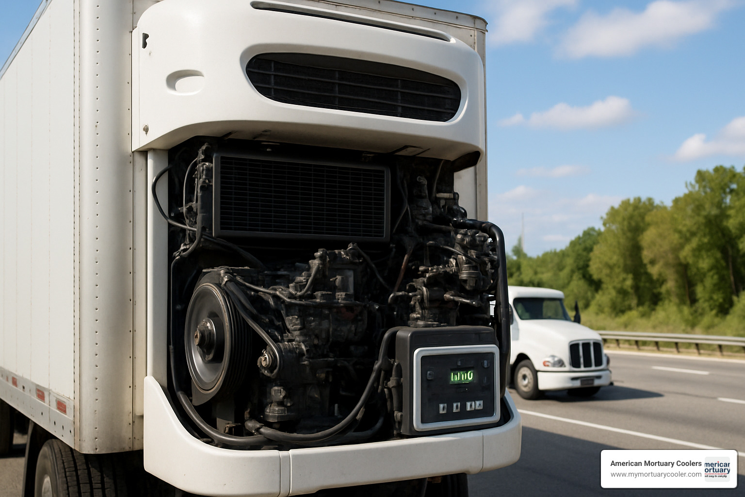 Close-up view of transport refrigeration unit showing compressor, condenser coils, diesel engine, and control panel with temperature displays - REEFER-truck-
