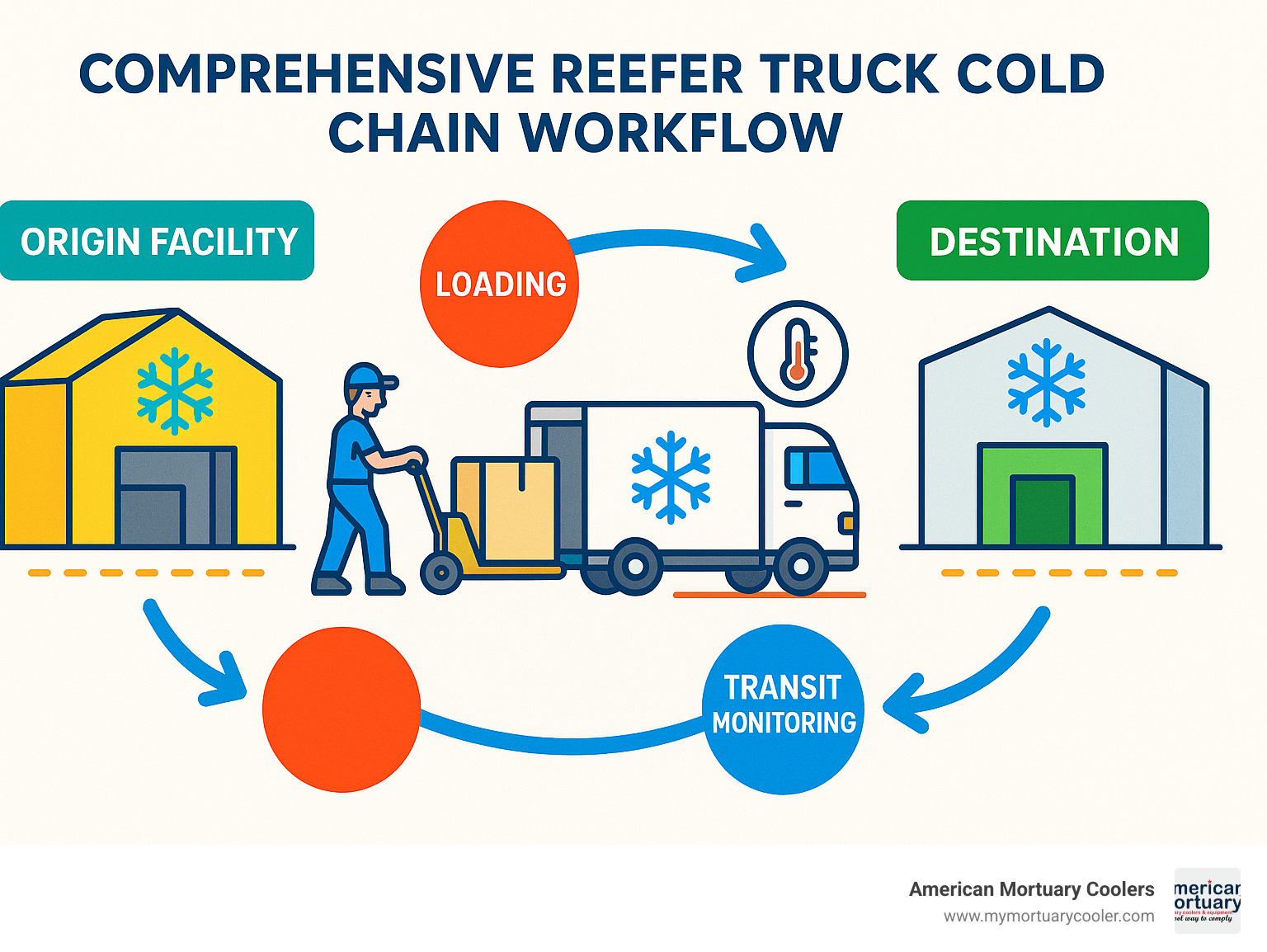 Comprehensive reefer truck cold chain workflow showing temperature-controlled transport from origin facility through loading, transit monitoring, and delivery to destination with continuous temperature maintenance throughout the process - REEFER-truck- infographic 