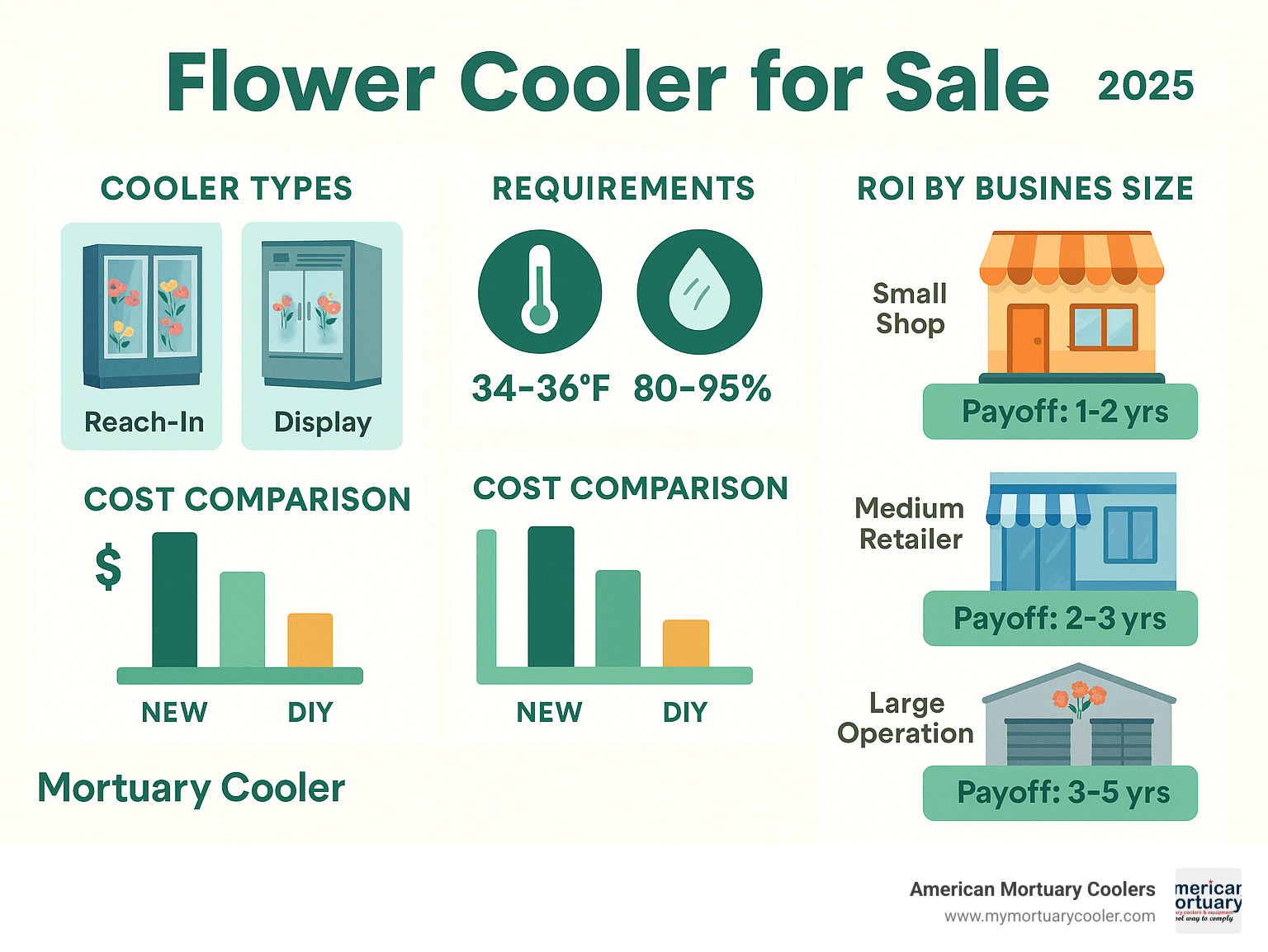 Comprehensive infographic showing flower cooler types, temperature ranges, humidity requirements, cost comparisons between new/used/DIY options, and ROI calculations for different business sizes - flower cooler for sale infographic 