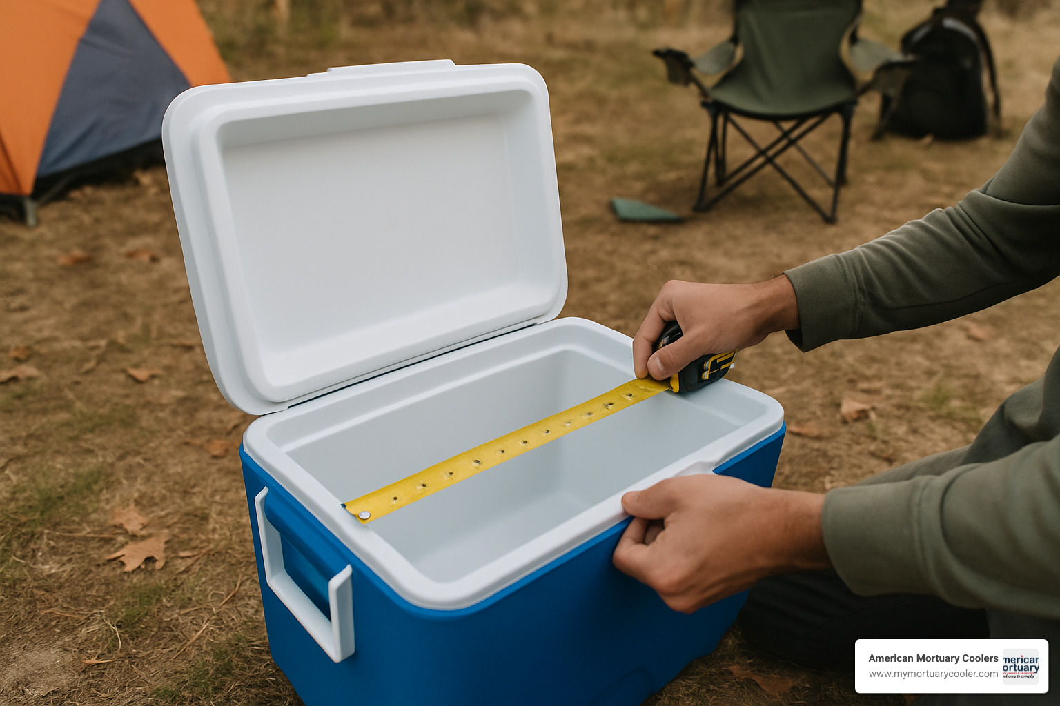 Measuring the interior space of a portable cooler with a tape measure - portable cooler