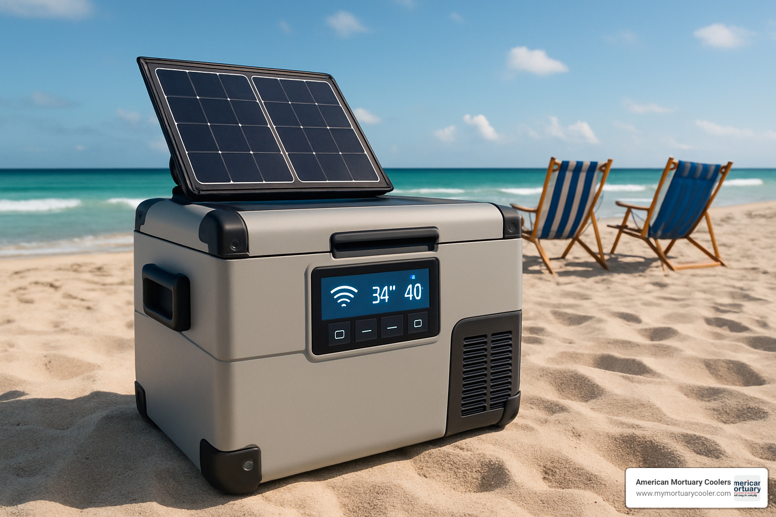 Solar-powered portable cooler setup on a beach with Wi-Fi connectivity display and dual-zone controls - portable cooler