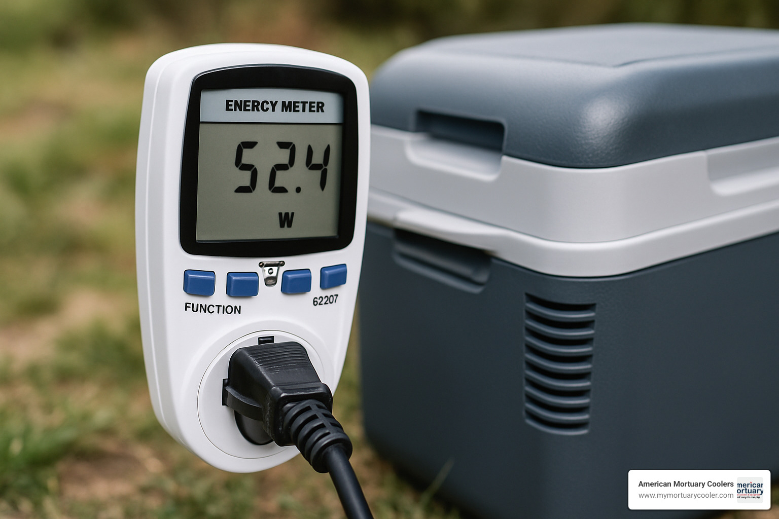 Energy meter displaying power consumption on an electric portable cooler - portable cooler