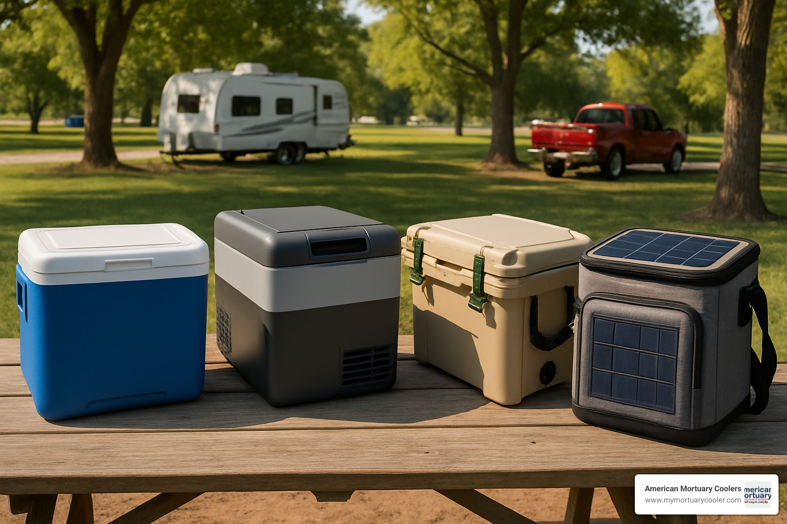 Four different portable cooler styles displayed side by side showing ice chest, electric compressor, hard rotomolded, and hybrid portable cooler designs - portable cooler