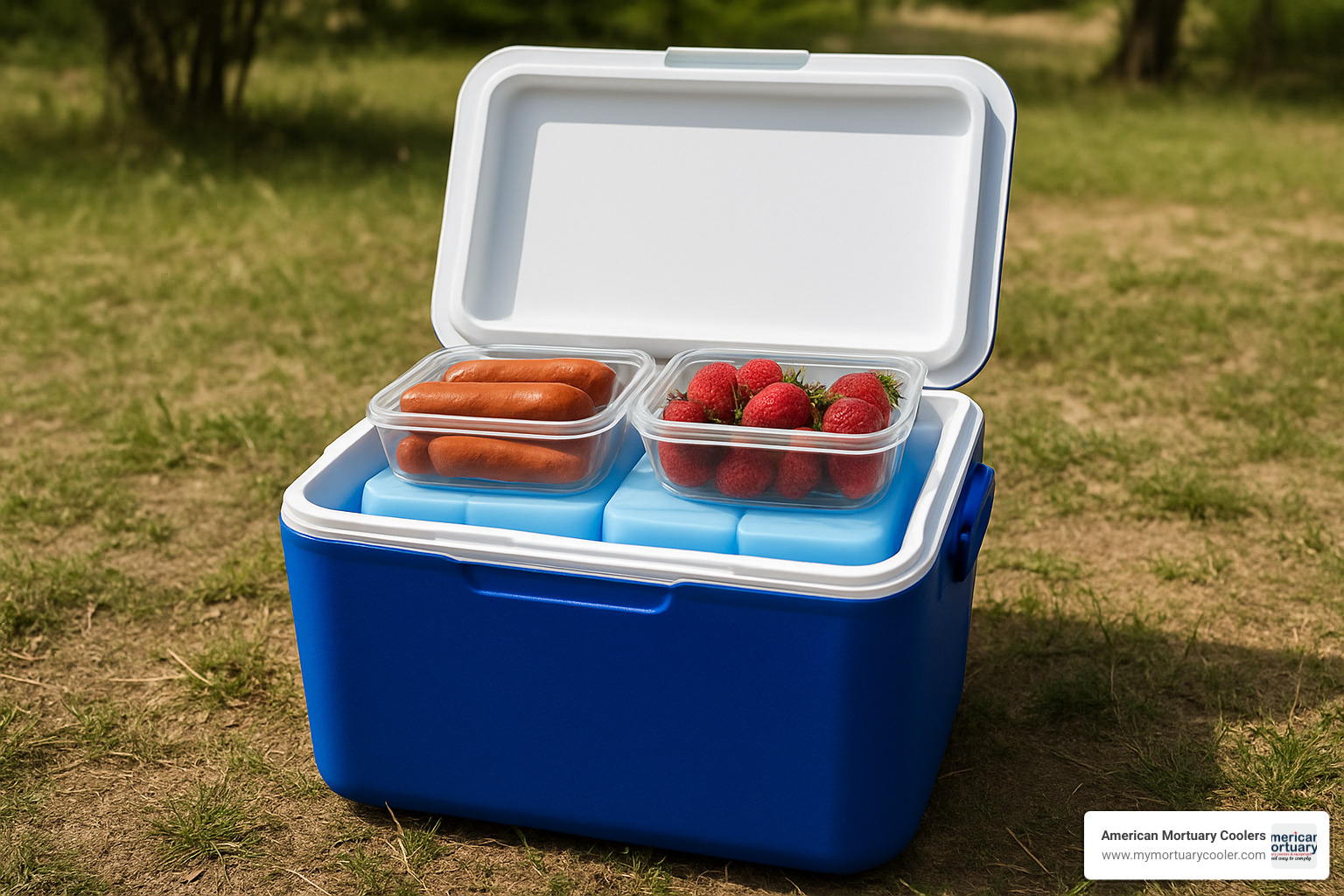 Properly packed portable cooler showing ice blocks, layered food items, and organized contents - portable cooler