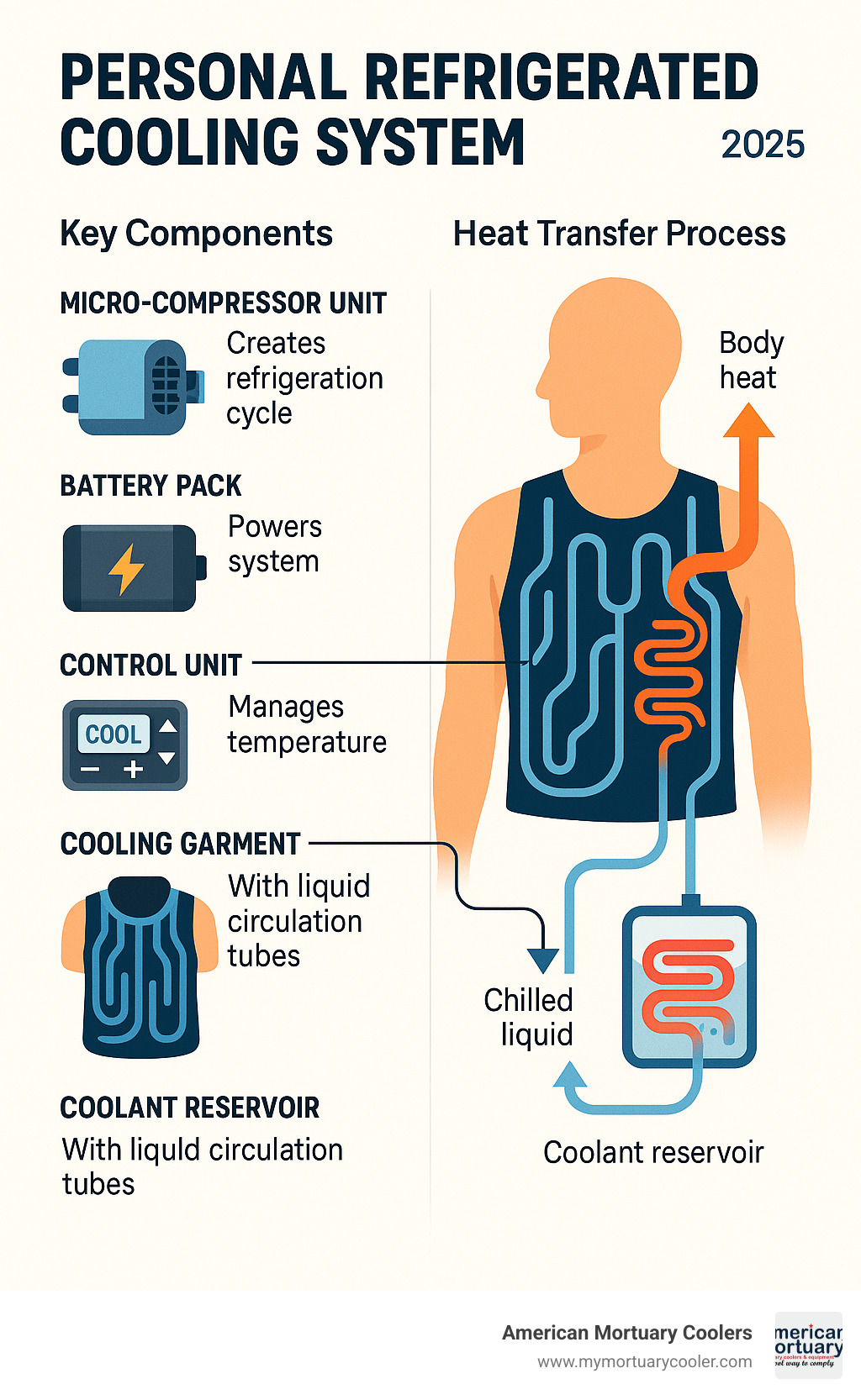 Detailed breakdown of personal refrigerated cooling system components including micro-compressor, cooling garment with liquid circulation tubes, battery pack, temperature controls, and heat transfer process from body to refrigeration unit - PERSON REFRIGERATED COOLING SYSTEM- infographic 