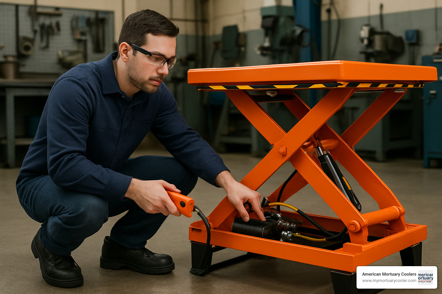 technician inspecting hydraulic table - hydraulic-table-
