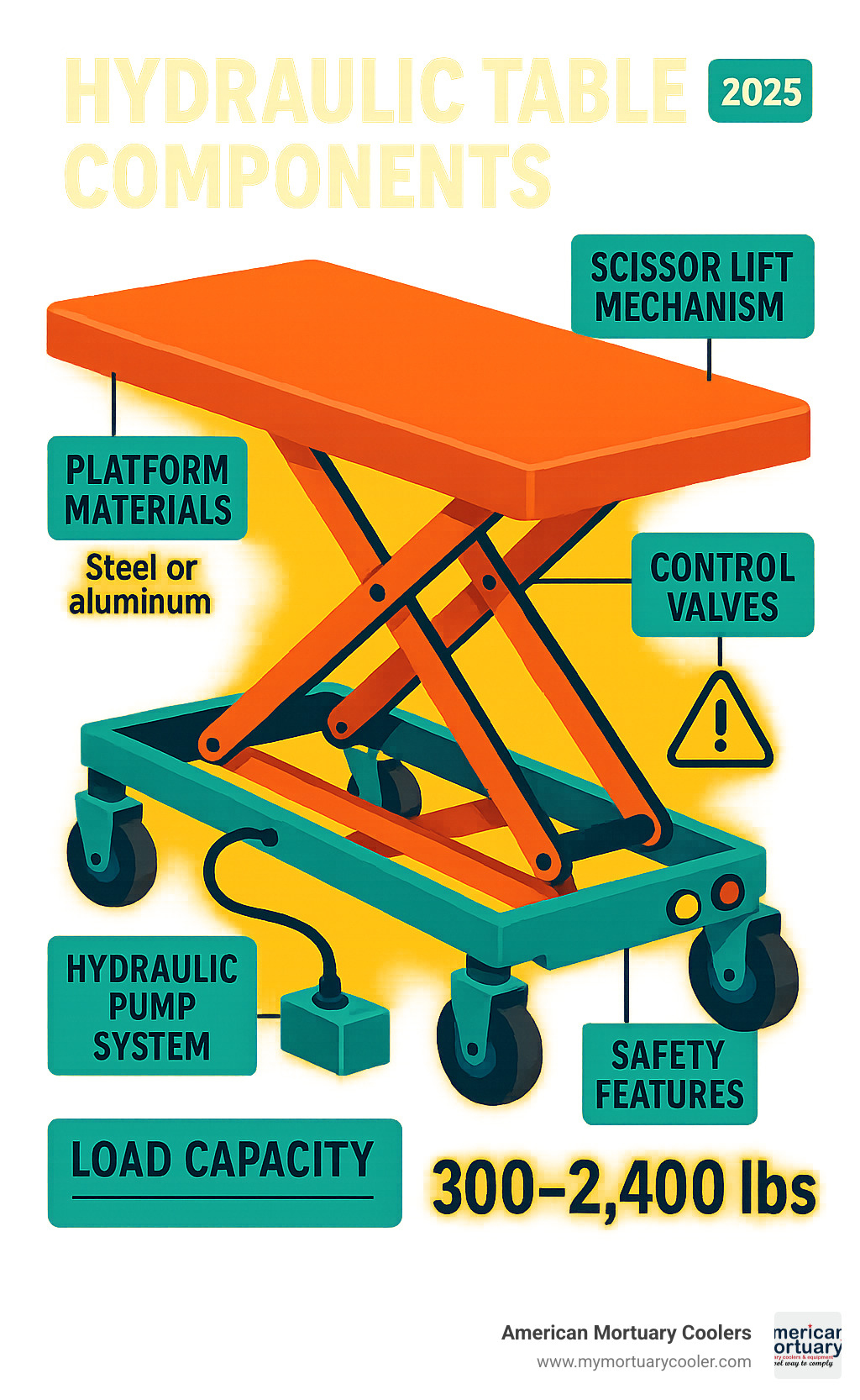 Detailed infographic showing hydraulic table components including scissor lift mechanism, hydraulic pump system, platform materials, control valves, and safety features with load capacity specifications - hydraulic-table- infographic 