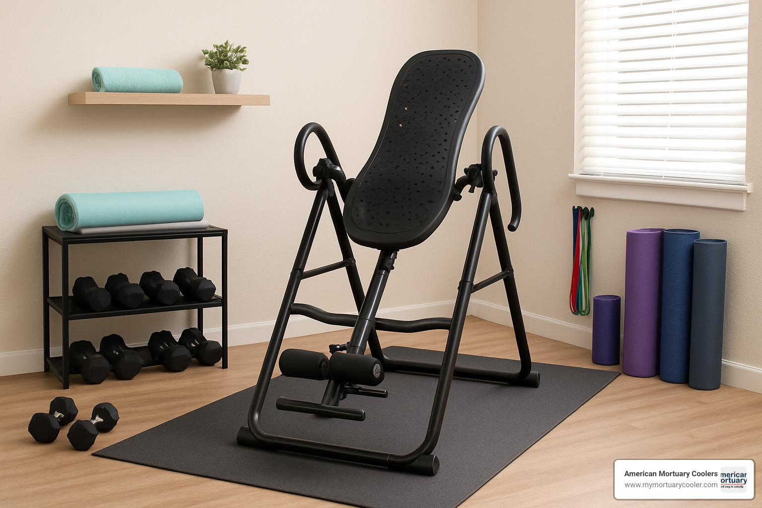 organized home gym setup with back stretching apparatus - back stretching apparatus