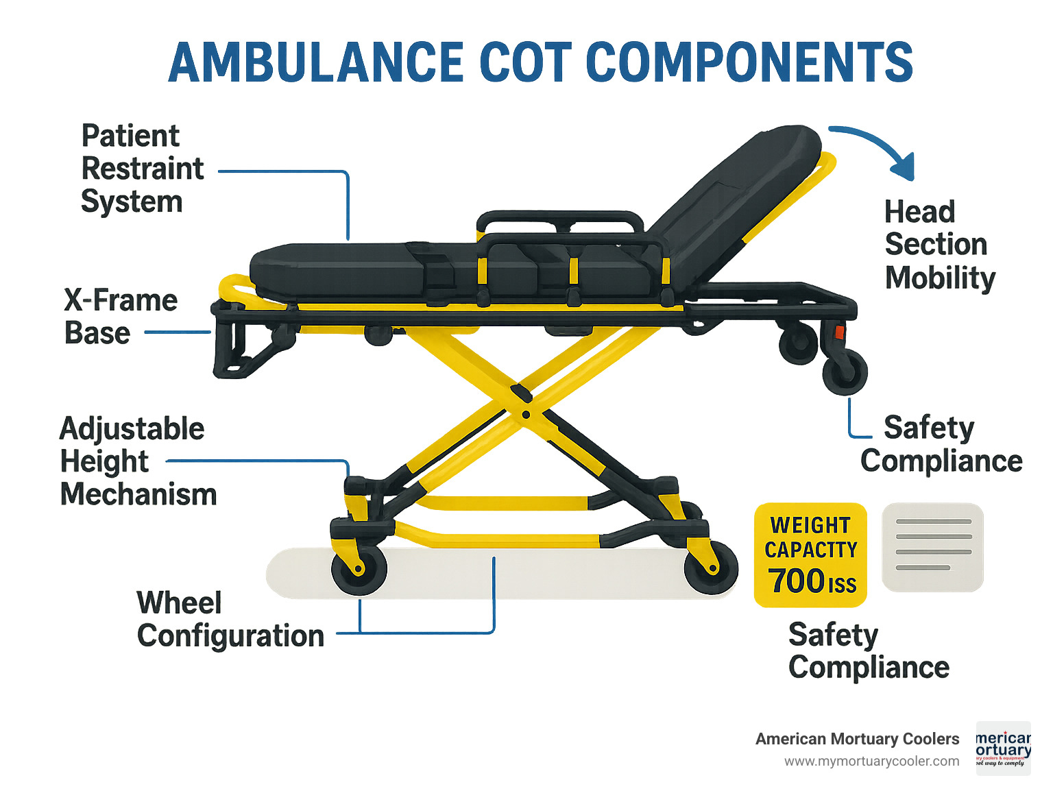 Detailed infographic showing ambulance cot components including X-frame base, adjustable height mechanism, patient restraint system, head section mobility, wheel configuration, and safety compliance labels with weight capacity specifications - ambulance cot infographic 