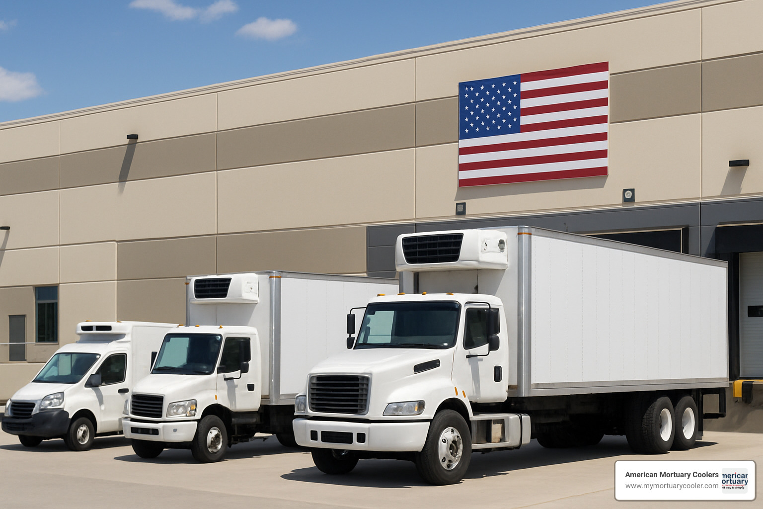 Different types of refrigerated vehicles including insulated vans, straight trucks, and semi-trailers parked at a distribution center - truck with refrigeration
