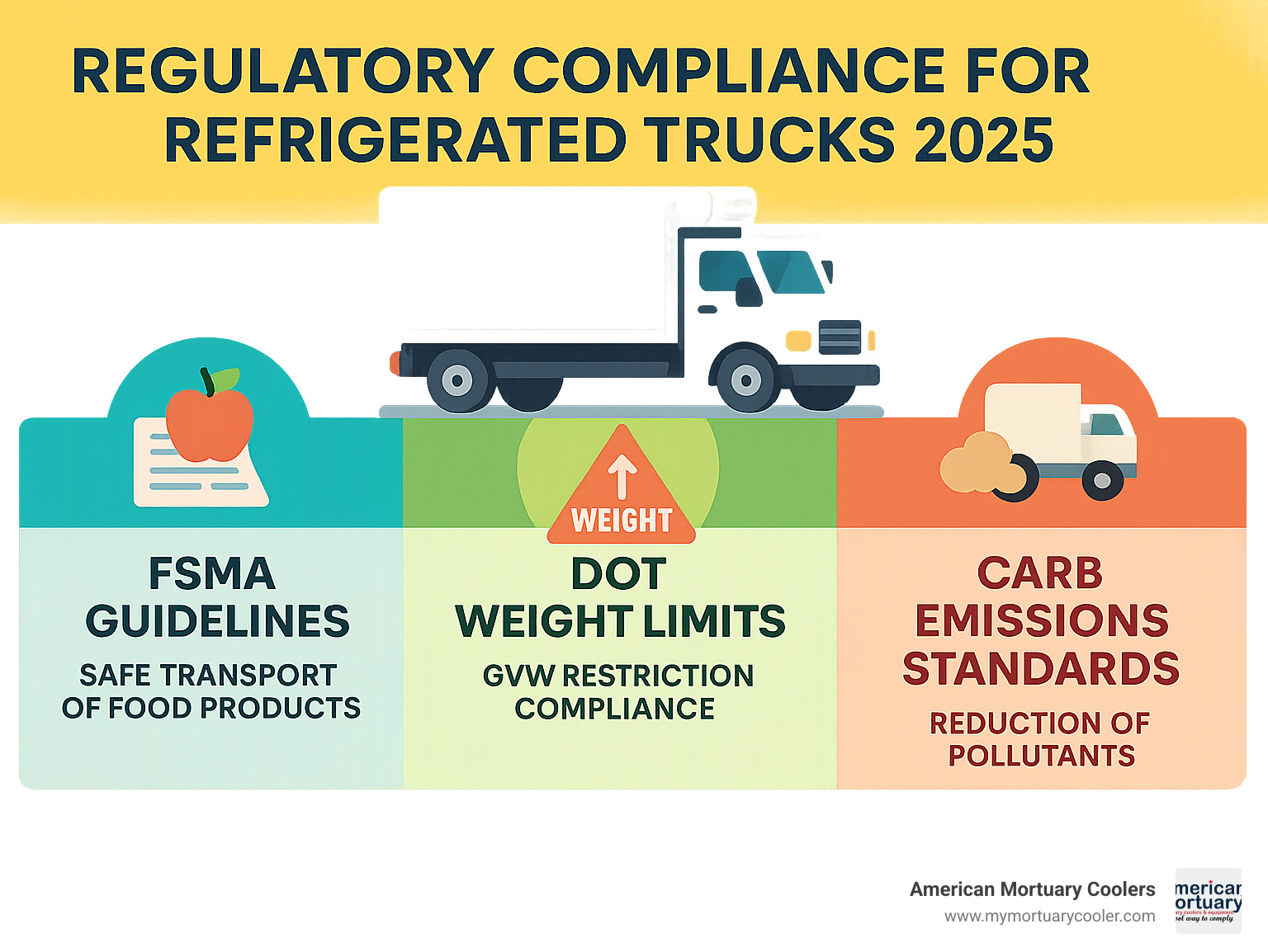 Infographic showing regulatory compliance requirements including FSMA guidelines, DOT weight limits, and CARB emissions standards for refrigerated trucks - truck with refrigeration infographic 