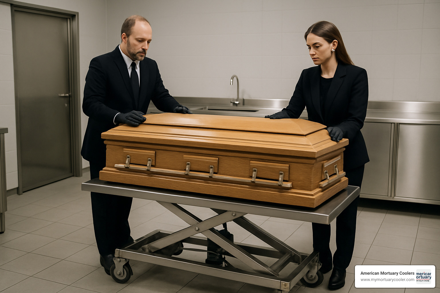 mortuary hydraulic lift table in funeral home setting showing casket handling application - hydraulic lift table