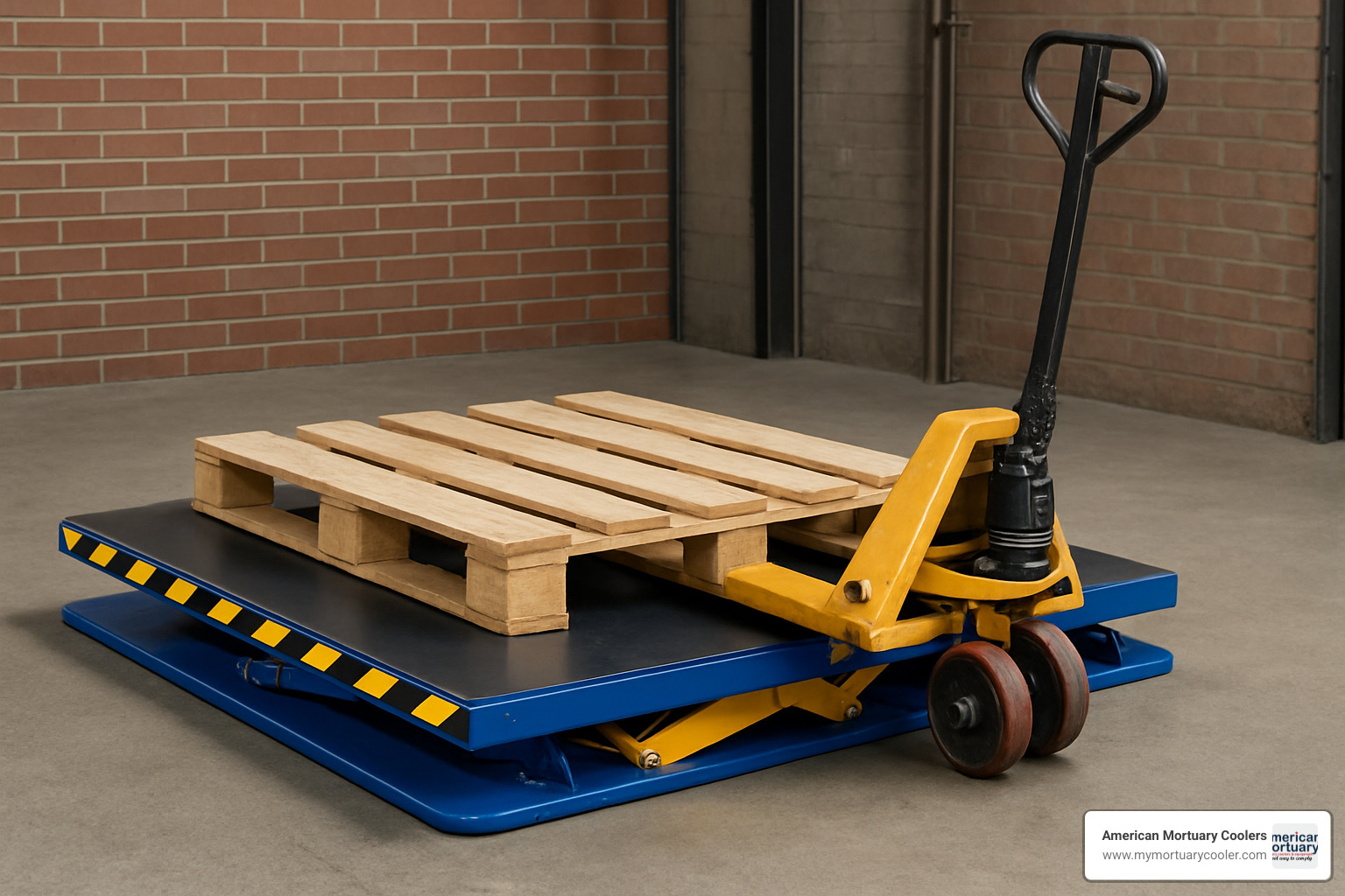 low-profile hydraulic lift table showing 3-inch lowered height with pallet jack access - hydraulic lift table