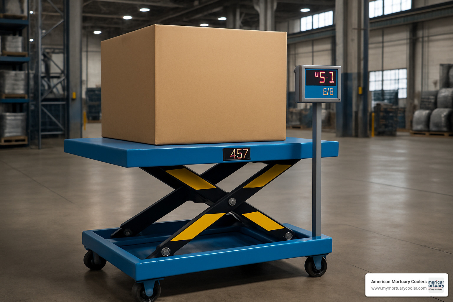 hydraulic lift table with integrated digital scale showing weight display - hydraulic lift table